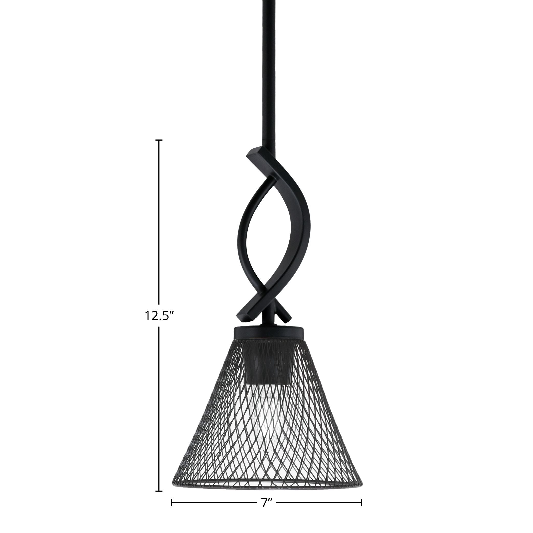 Cavella One Light Mini Pendant in Matte Black with 7" Matte Black Cone Mesh Metal Shade Shade