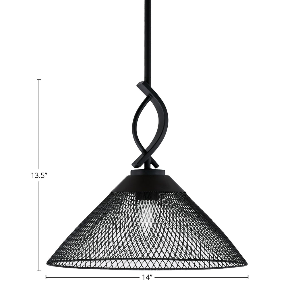 Cavella One Light Mini Pendant in Matte Black with 14" Matte Black Cone Mesh Metal Shade Shade