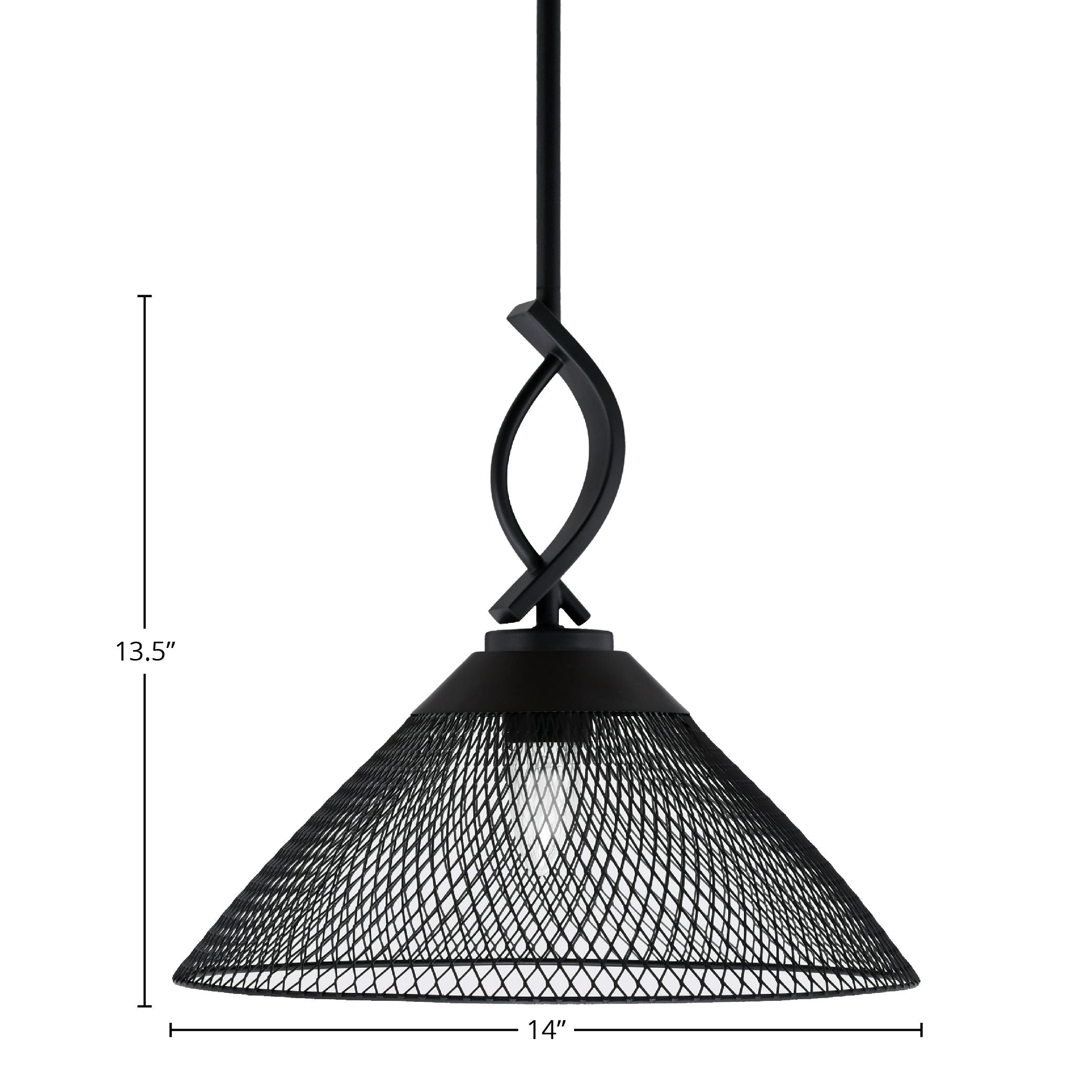 Cavella One Light Mini Pendant in Matte Black with 14" Matte Black Cone Mesh Metal Shade Shade