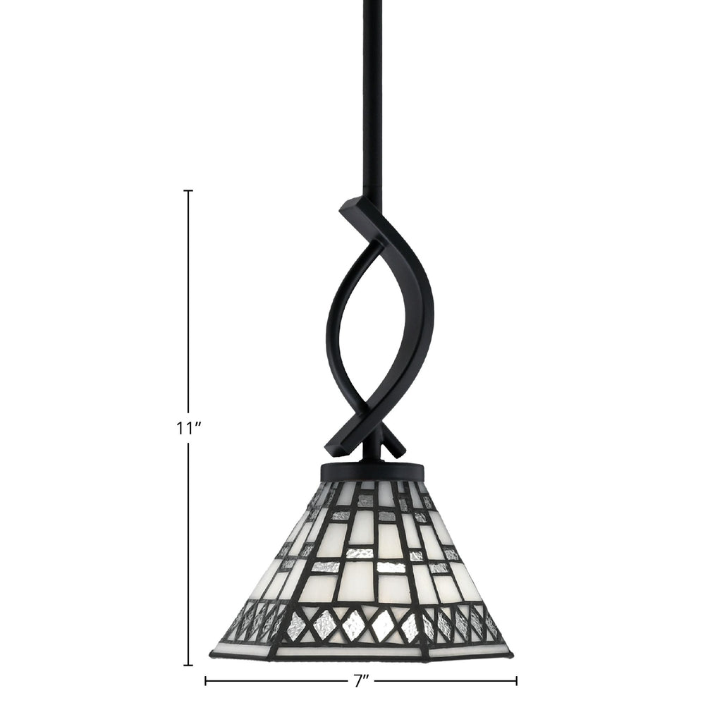 Cavella One Light Mini Pendant in Matte Black with 7" Pewter Art Glass Shade