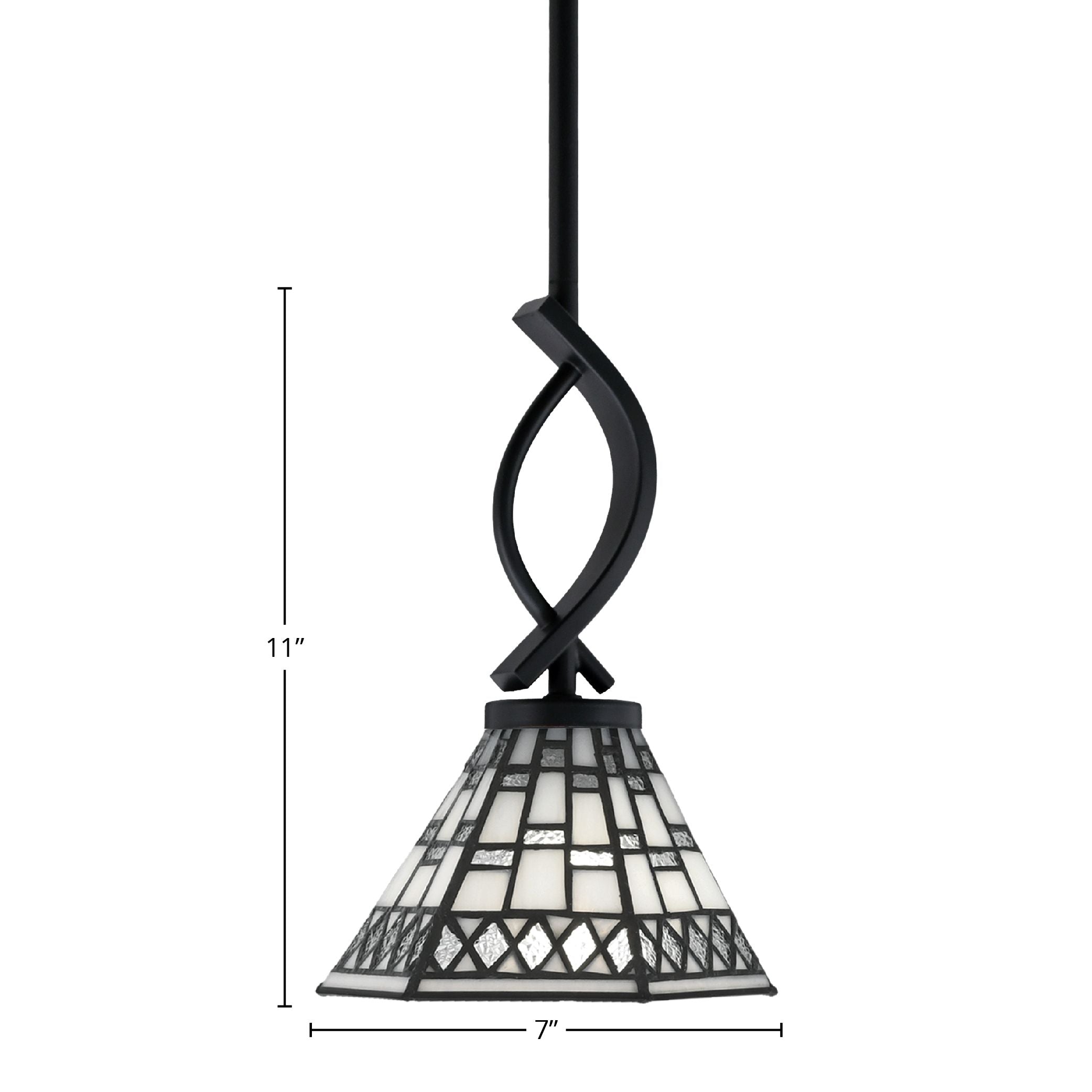 Cavella One Light Mini Pendant in Matte Black with 7" Pewter Art Glass Shade