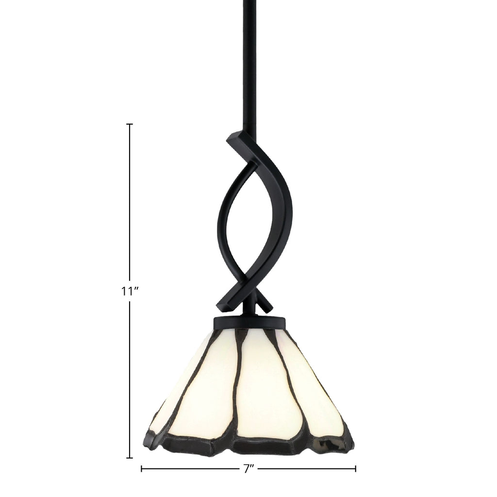 Cavella One Light Mini Pendant in Matte Black with 7" Pearl & Black Flair Art Glass Shade