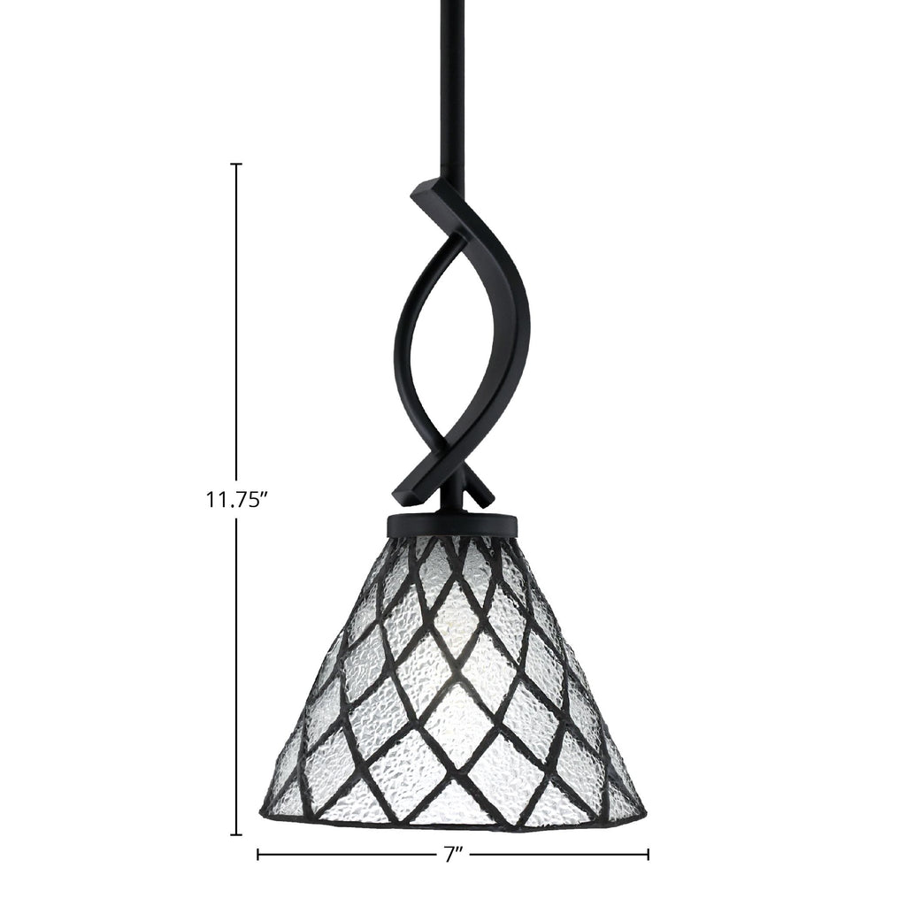 Cavella One Light Mini Pendant in Matte Black with 7" Diamond Ice Art Glass Shade