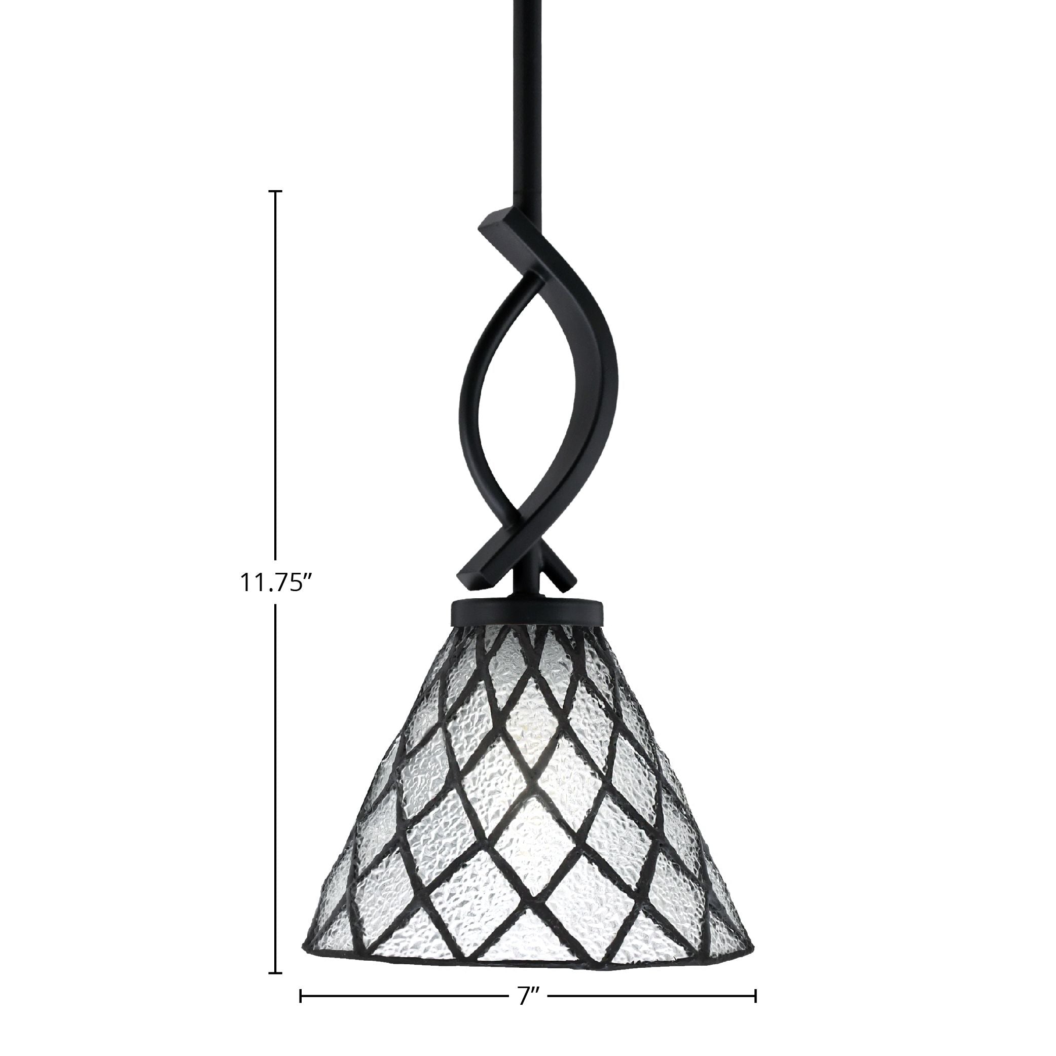 Cavella One Light Mini Pendant in Matte Black with 7" Diamond Ice Art Glass Shade