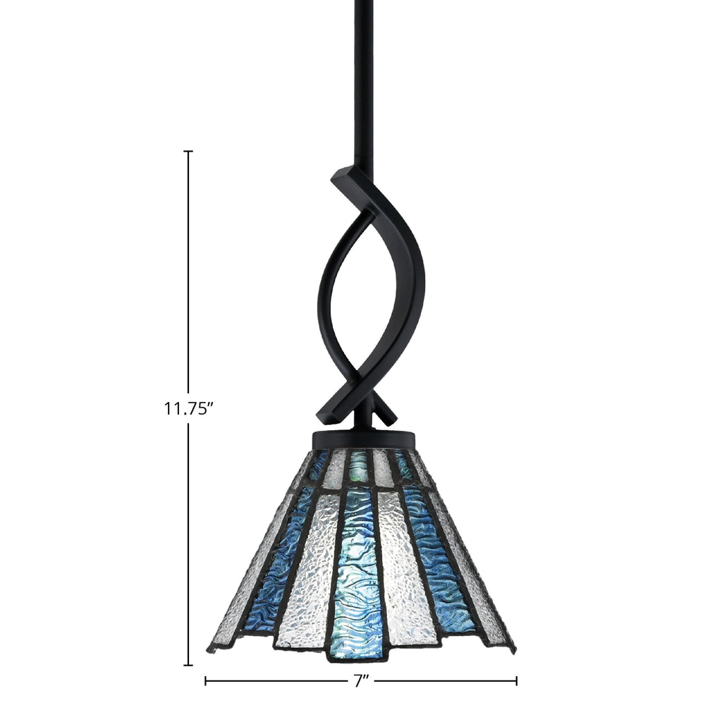 Cavella One Light Mini Pendant in Matte Black with 7" Sea Ice Art Glass Shade
