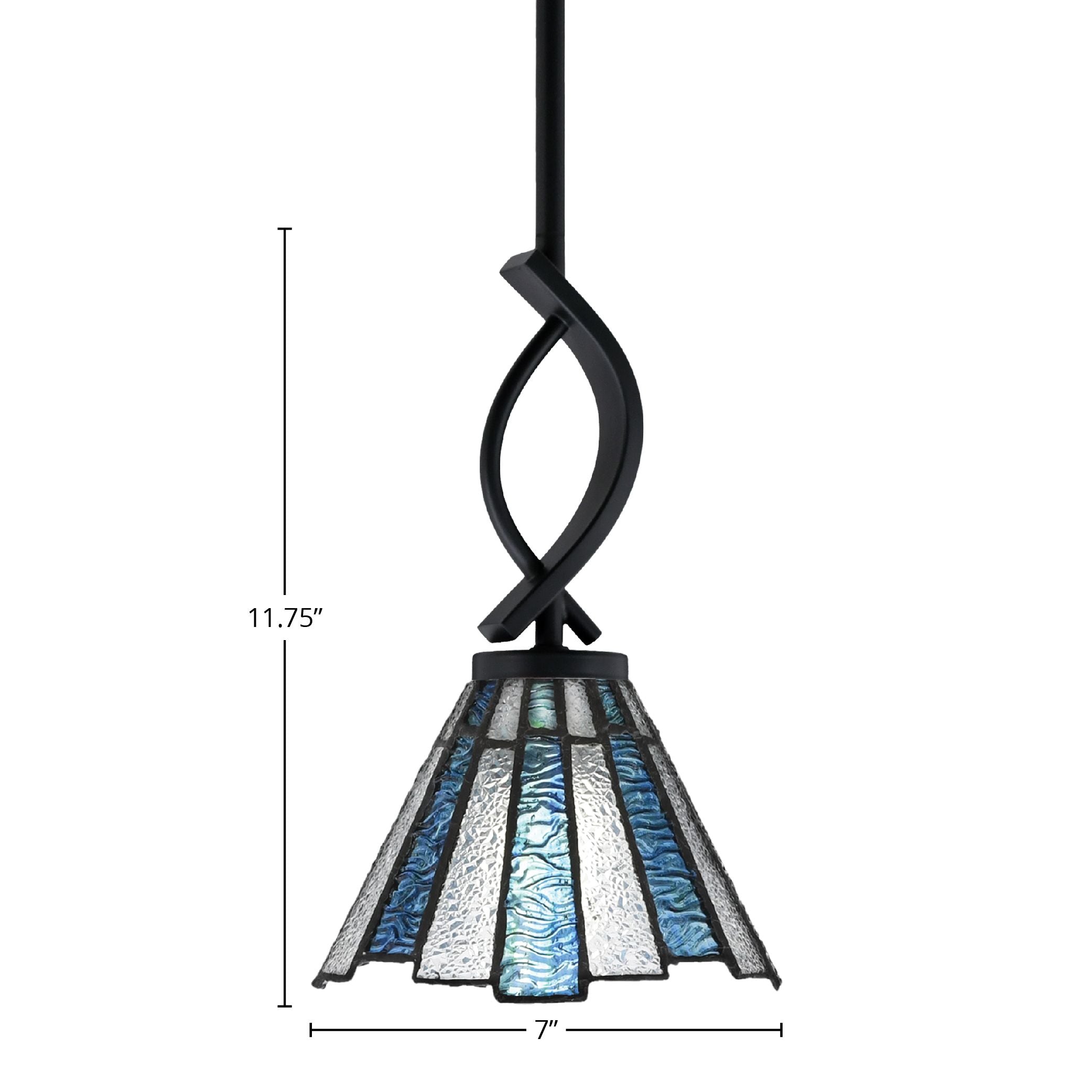 Cavella One Light Mini Pendant in Matte Black with 7" Sea Ice Art Glass Shade