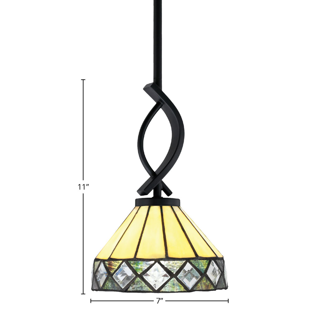 Cavella One Light Mini Pendant in Matte Black with 7" Diamond Peak Art Glass Shade
