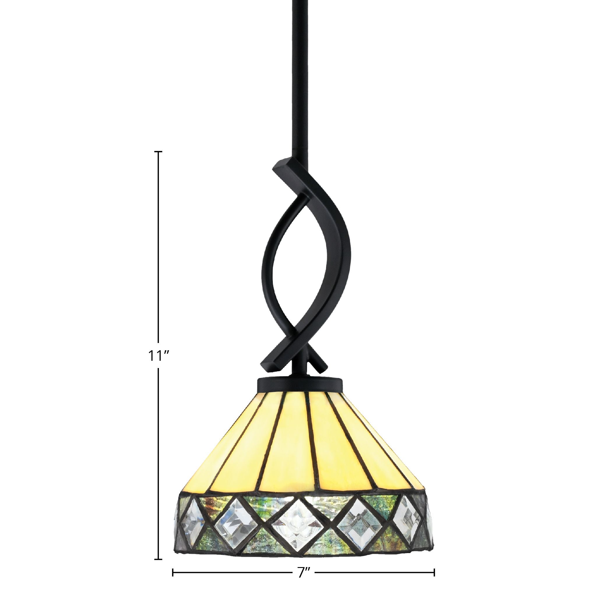 Cavella One Light Mini Pendant in Matte Black with 7" Diamond Peak Art Glass Shade
