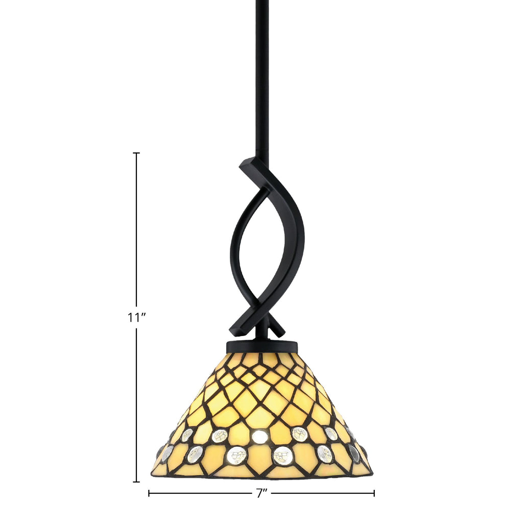 Cavella One Light Mini Pendant in Matte Black with 7" Starlight Art Glass Shade