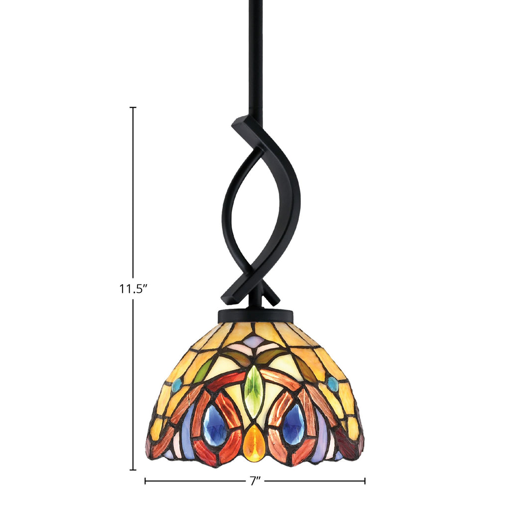Cavella One Light Mini Pendant in Matte Black with 7" Lynx Art Glass Shade