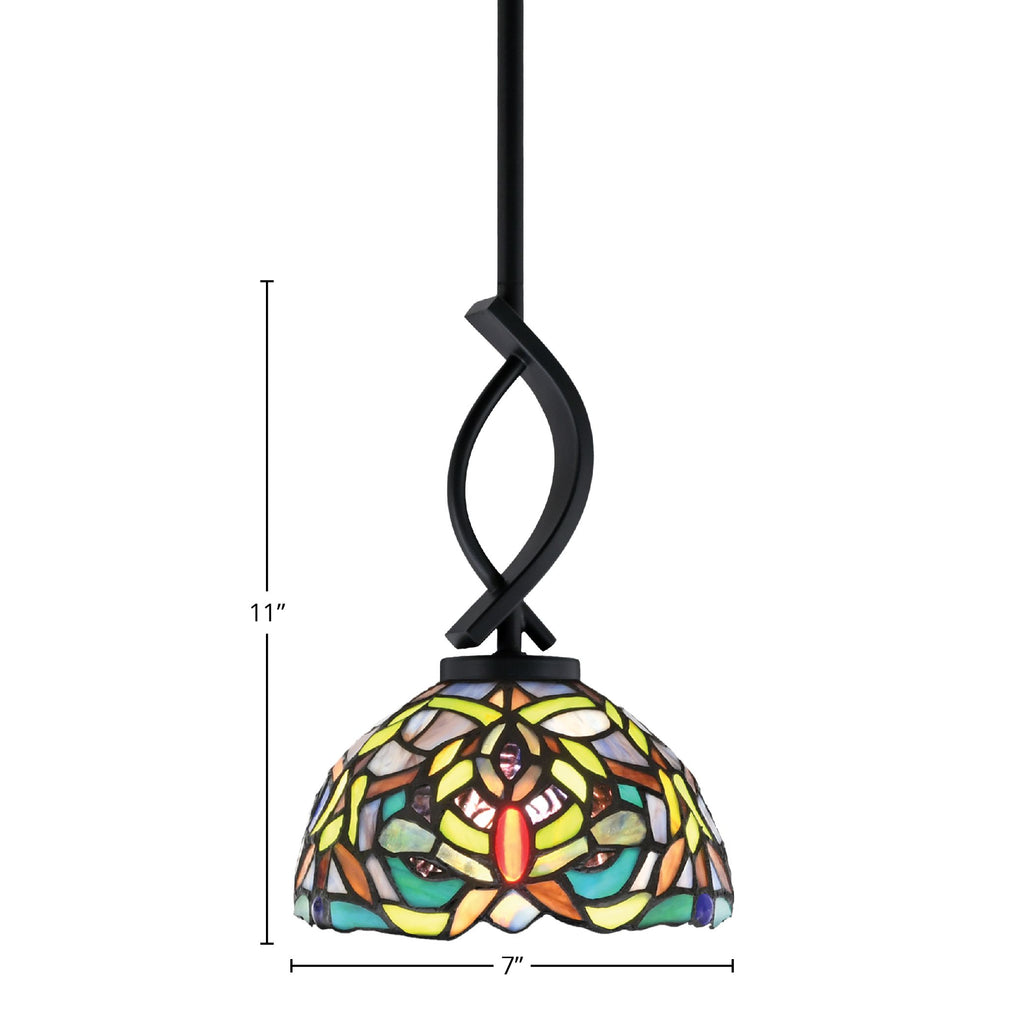 Cavella One Light Mini Pendant in Matte Black with 7" Kaleidoscope Art Glass Shade