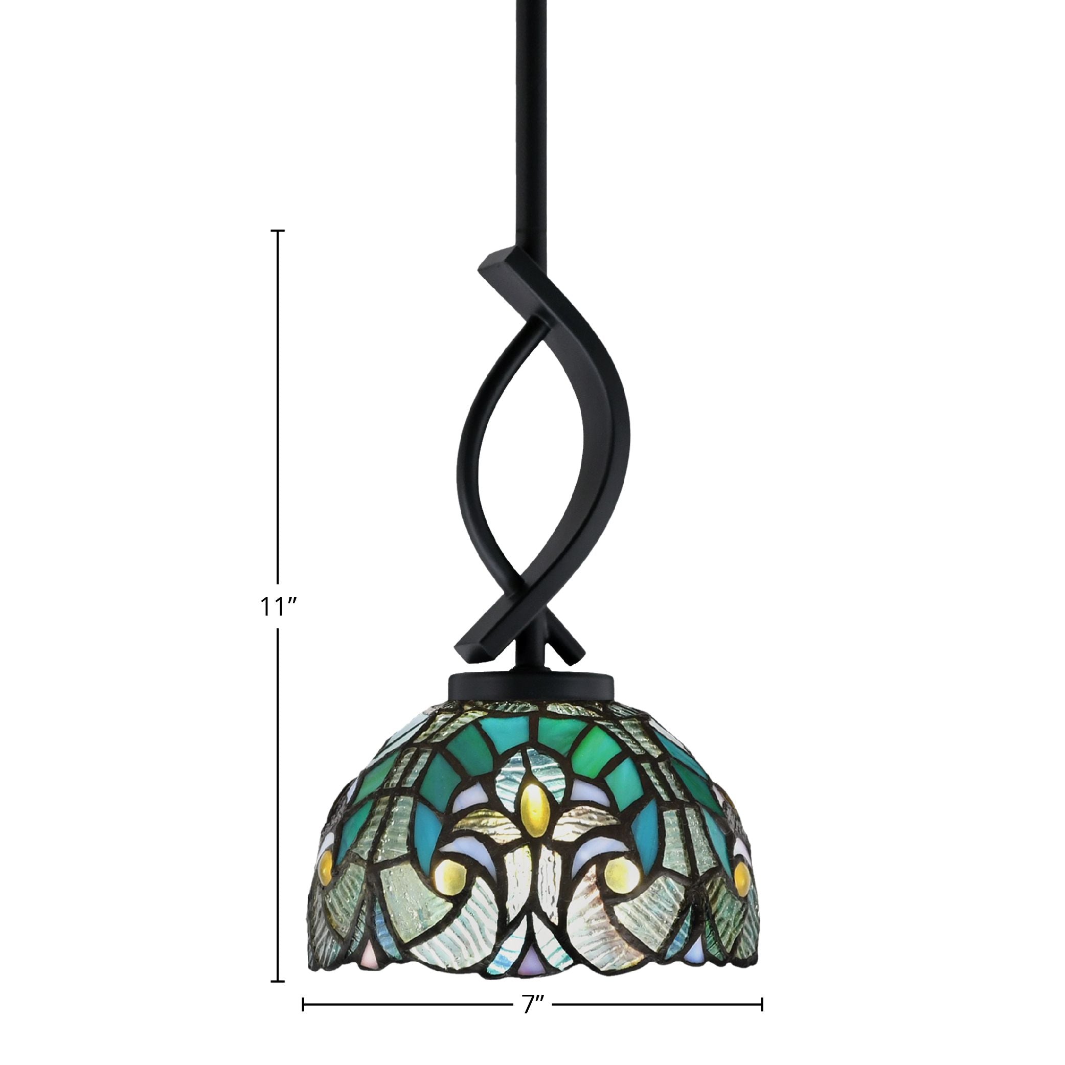 Cavella One Light Mini Pendant in Matte Black with 7" Turquoise Cypress Art Glass Shade