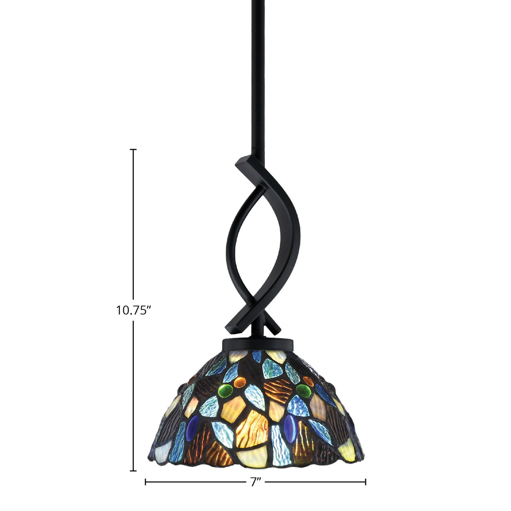 Cavella One Light Mini Pendant in Matte Black with 7" Blue Mosaic Art Glass Shade