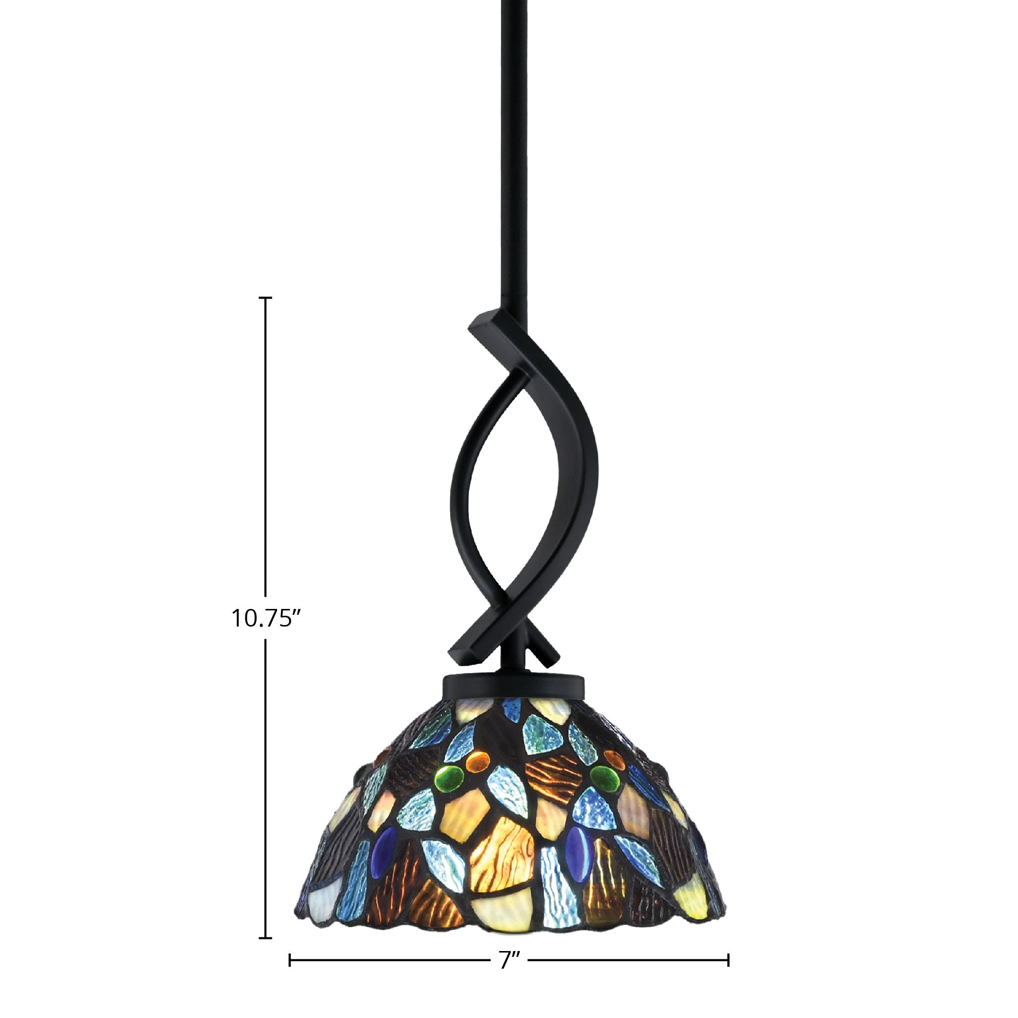 Cavella One Light Mini Pendant in Matte Black with 7" Blue Mosaic Art Glass Shade