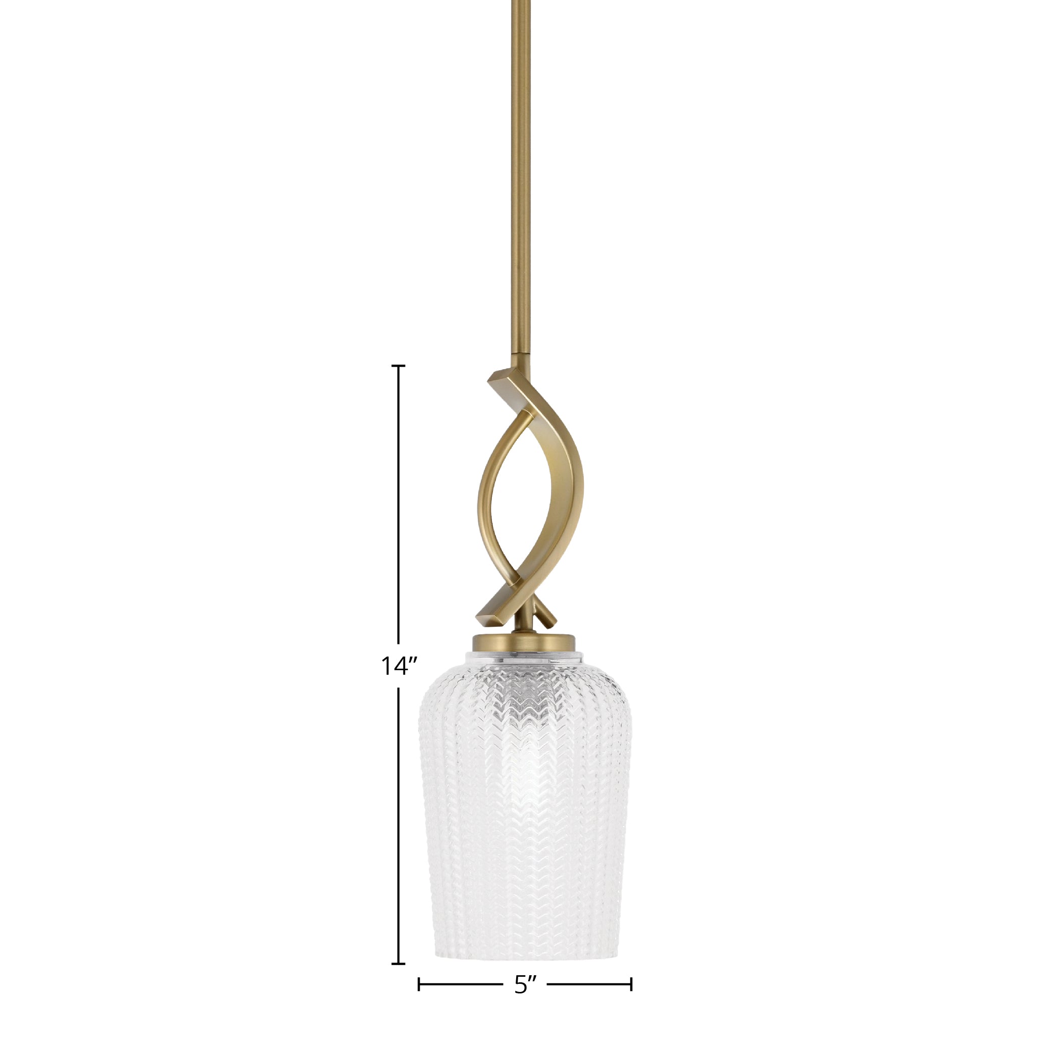 Cavella One Light Mini Pendant in New Age Brass with 5" Clear Textured Shade
