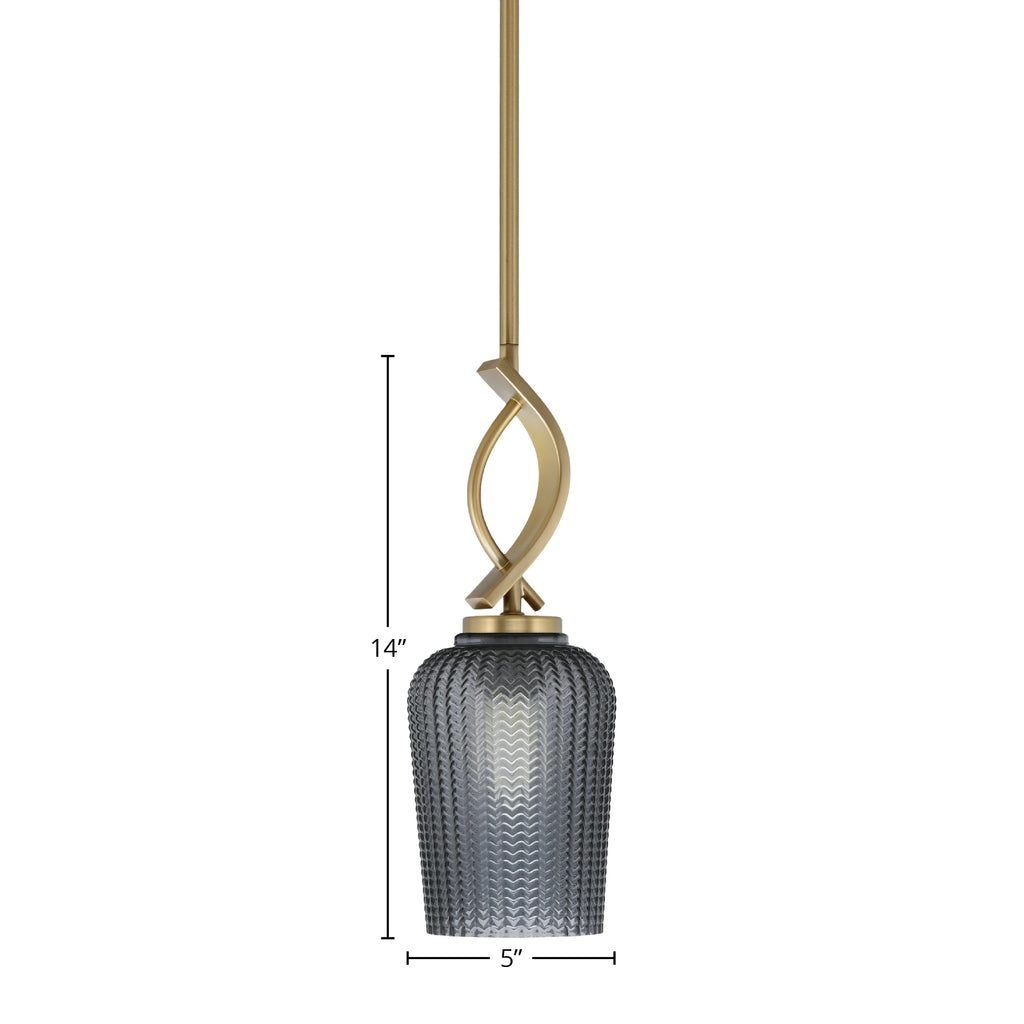 Cavella One Light Mini Pendant in New Age Brass with 5" Smoke Textured Shade