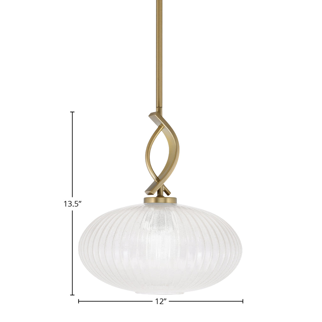 Cavella One Light Mini Pendant in New Age Brass with 12" Micro Bubble Ribbed Shade