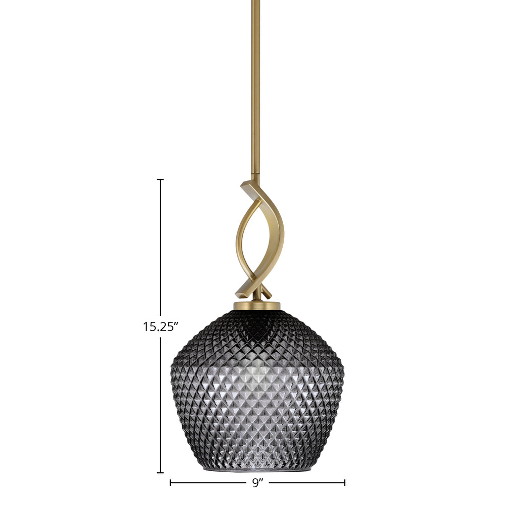 Cavella One Light Mini Pendant in New Age Brass with 9" Smoke Textured Shade