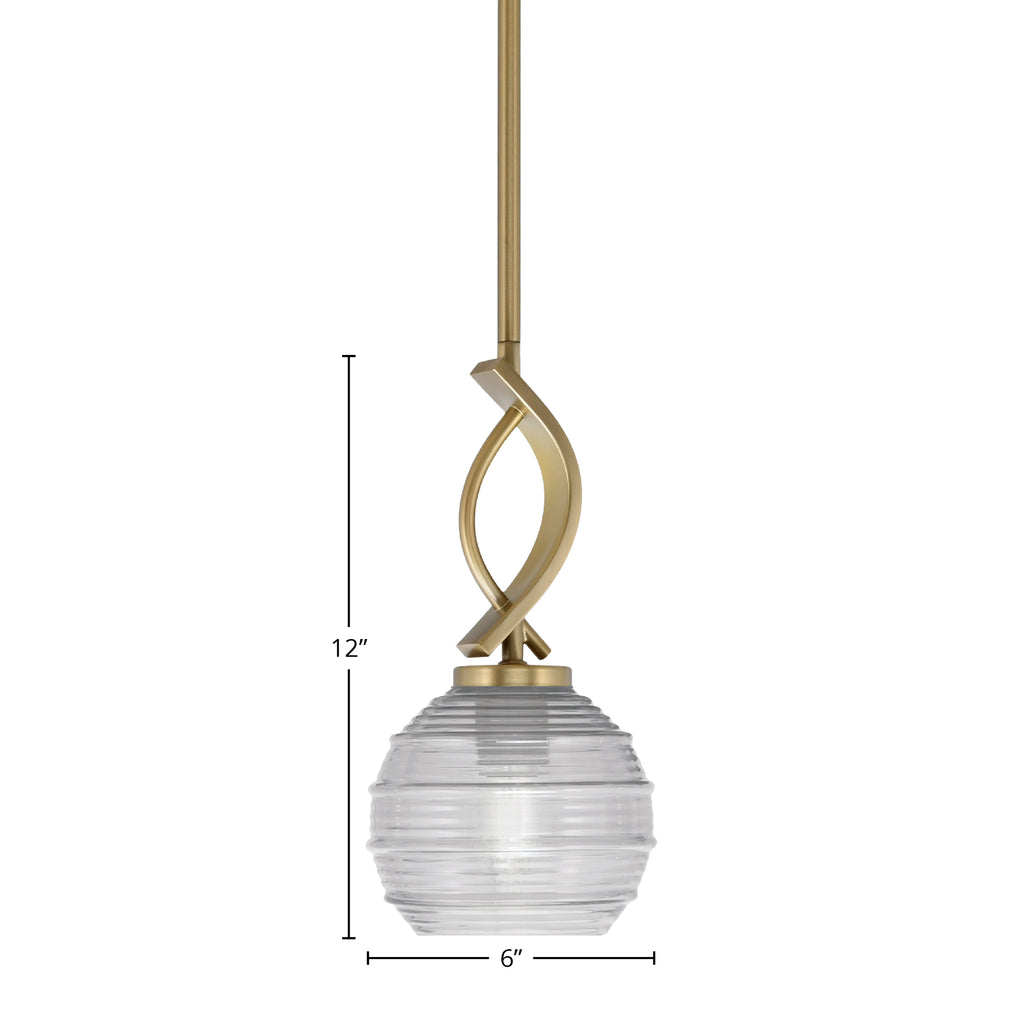 Cavella One Light Mini Pendant in New Age Brass with 6" Clear Ribbed Shade