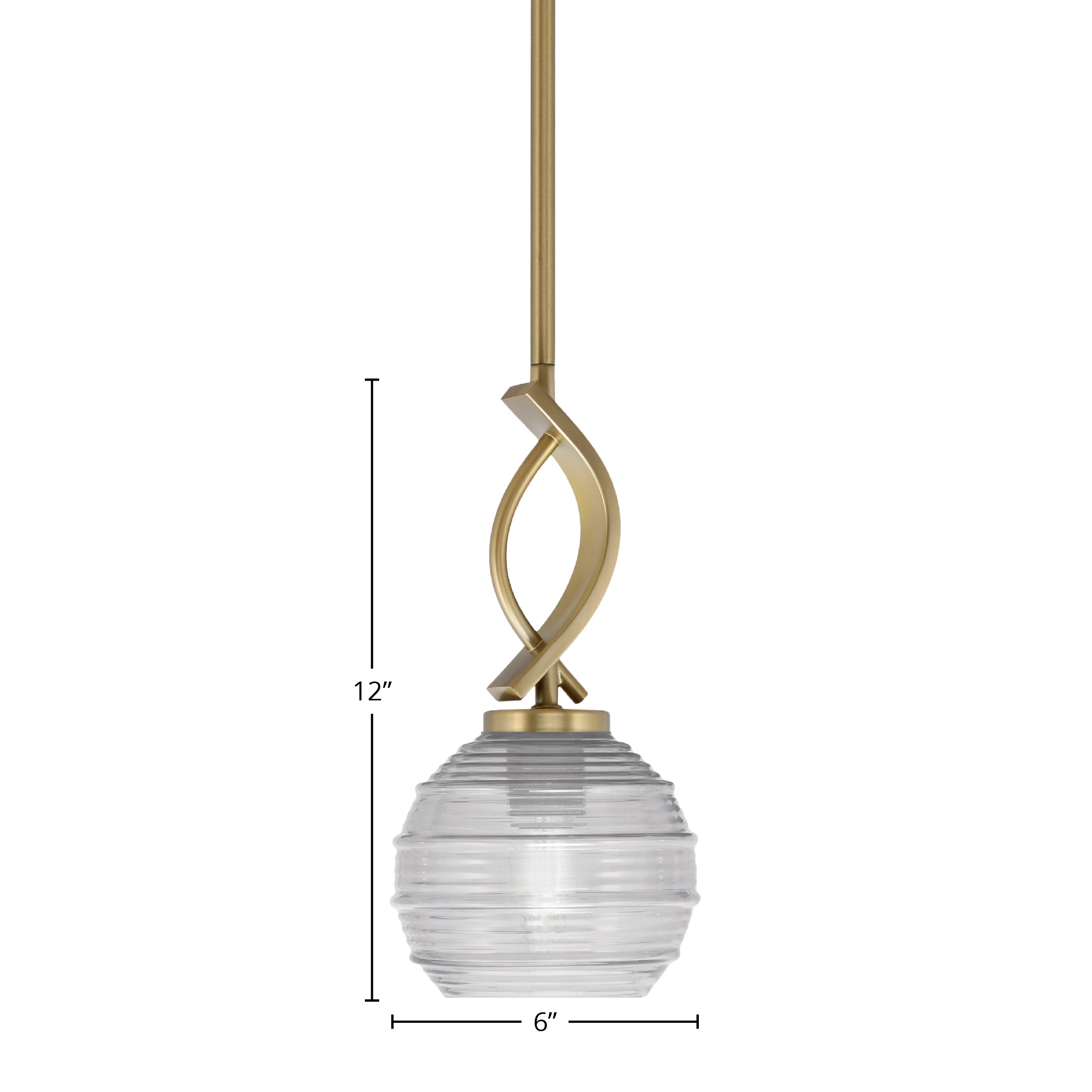 Cavella One Light Mini Pendant in New Age Brass with 6" Clear Ribbed Shade
