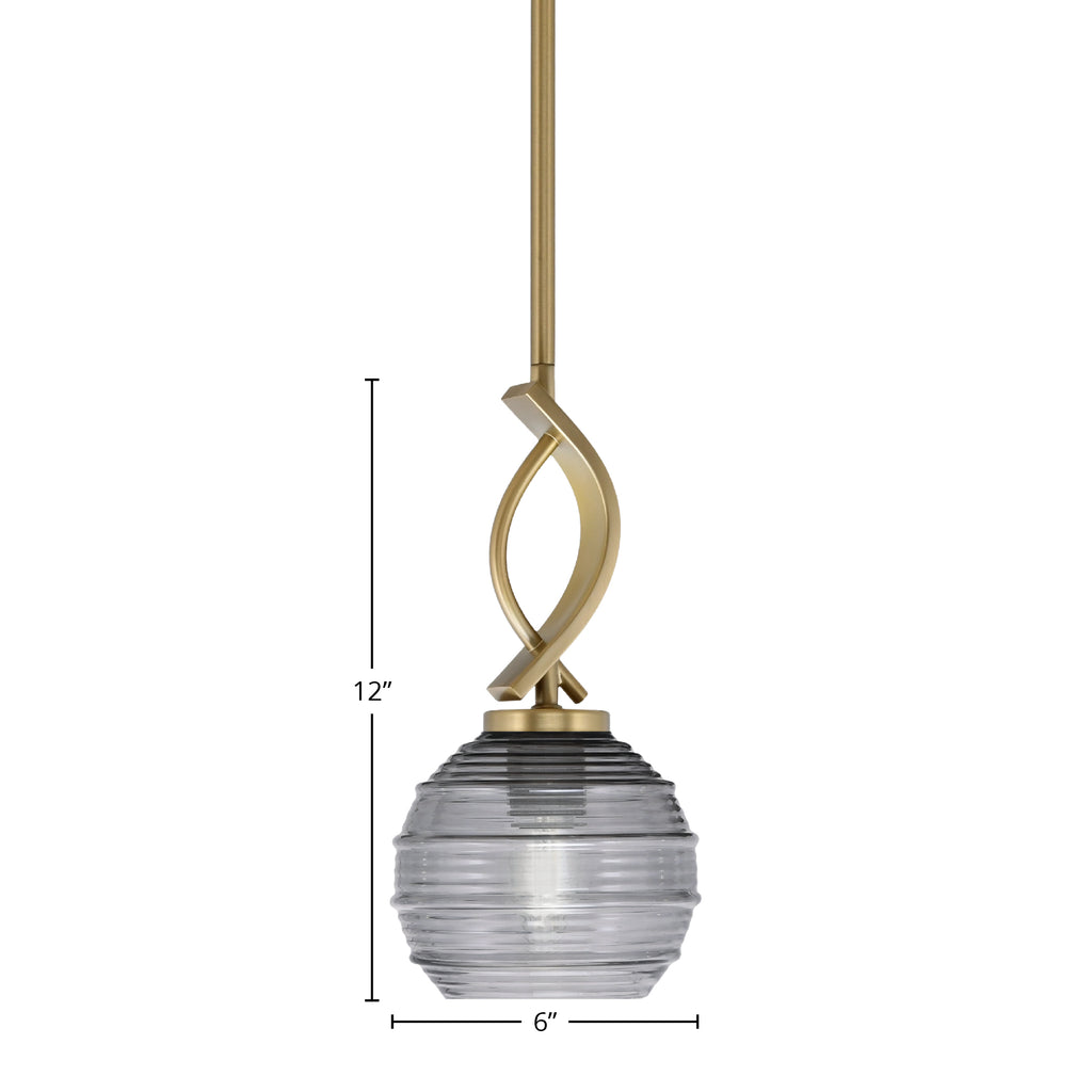 Cavella One Light Mini Pendant in New Age Brass with 6" Smoke Ribbed Shade
