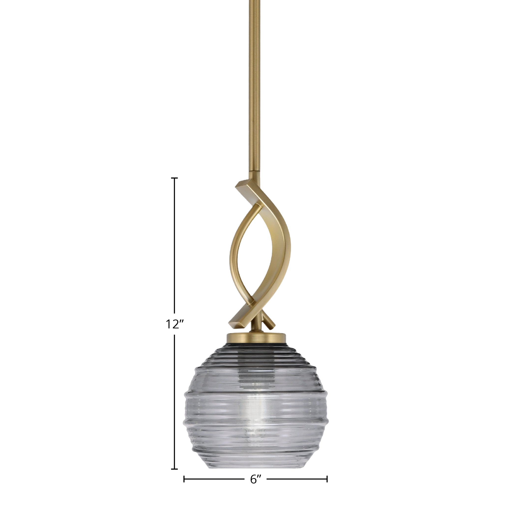 Cavella One Light Mini Pendant in New Age Brass with 6" Smoke Ribbed Shade