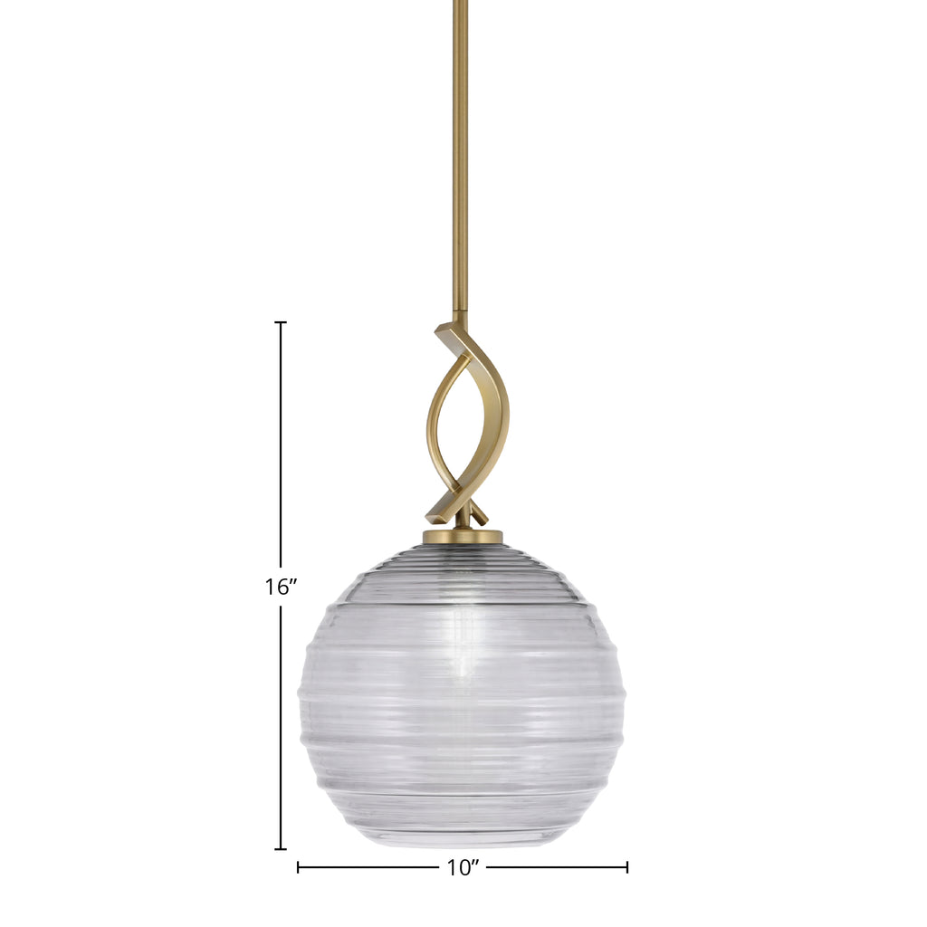 Cavella One Light Mini Pendant in New Age Brass with 10" Smoke Ribbed Shade