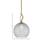 Cavella One Light Mini Pendant in New Age Brass with 12" Clear Ribbed Shade