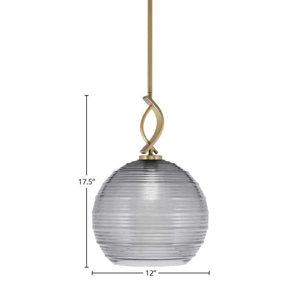 Cavella One Light Mini Pendant in New Age Brass with 12" Smoke Ribbed Shade