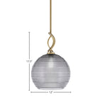 Cavella One Light Mini Pendant in New Age Brass with 12" Smoke Ribbed Shade