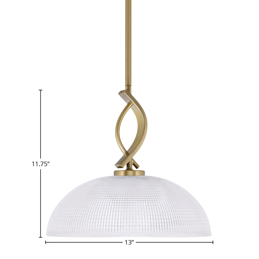 Cavella One Light Mini Pendant in New Age Brass with 13" Clear Ribbed Shade