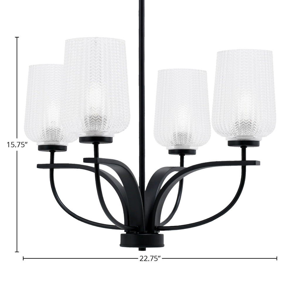 Cavella Four Light Chandelier in Matte Black with 5" Clear Textured Shade