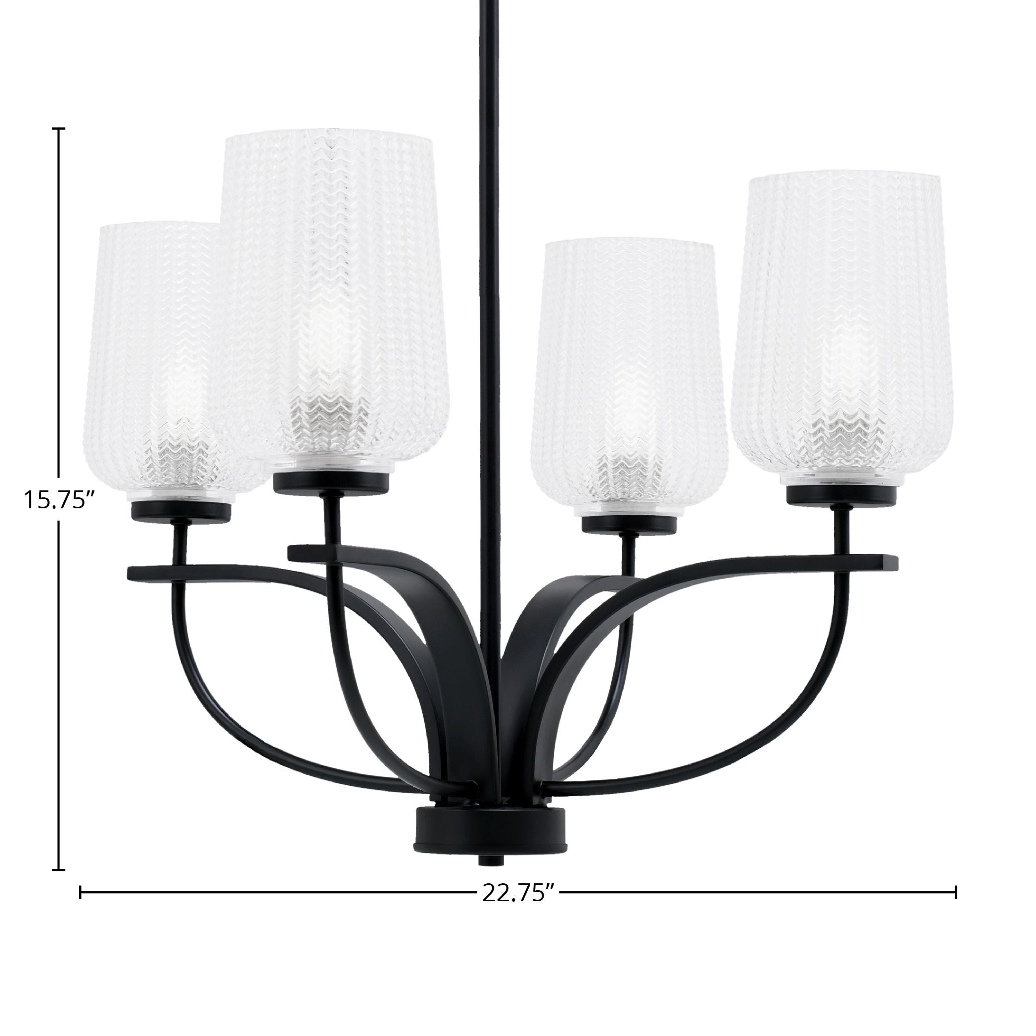 Cavella Four Light Chandelier in Matte Black with 5" Clear Textured Shade