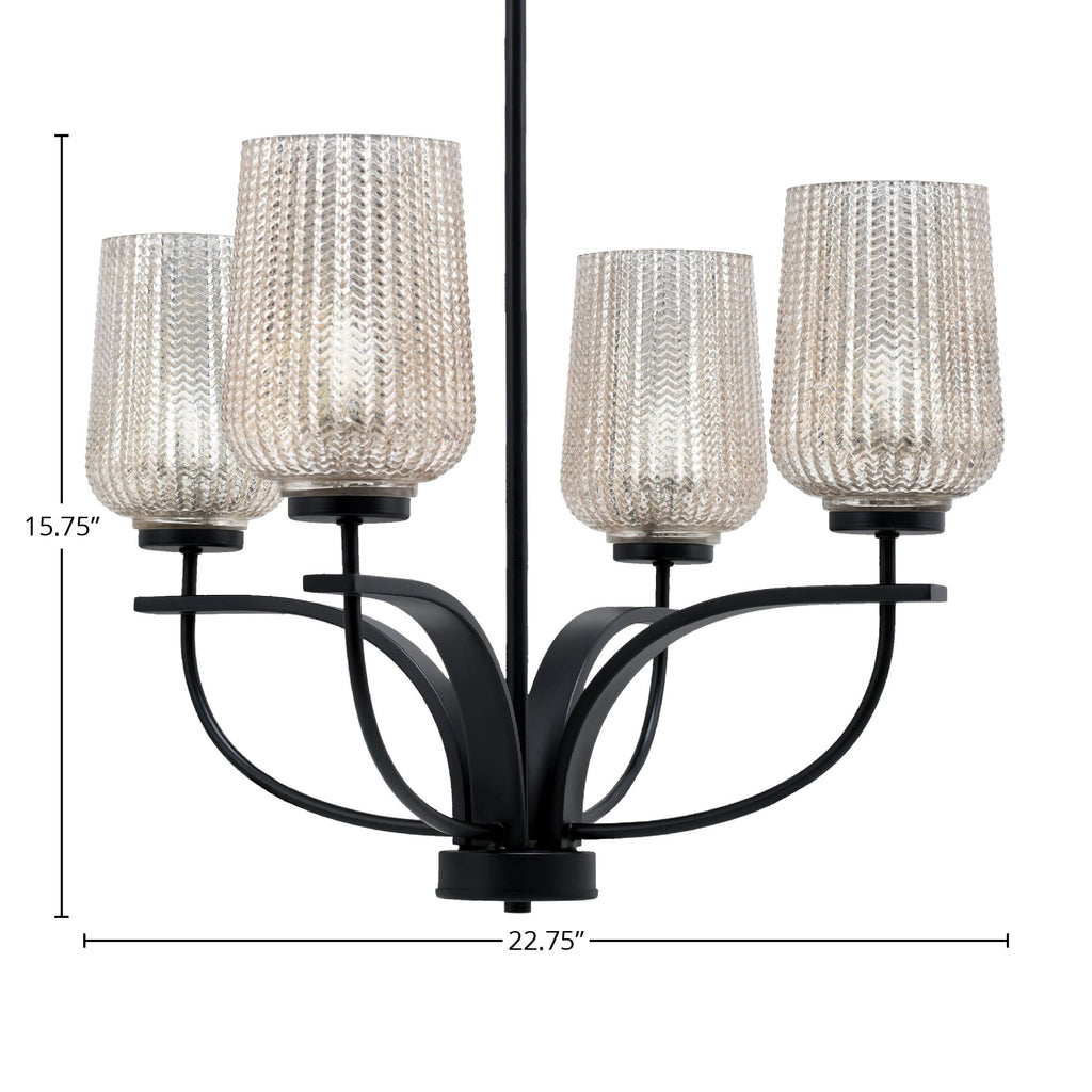 Cavella Four Light Chandelier in Matte Black with 5" Silver Textured Shade