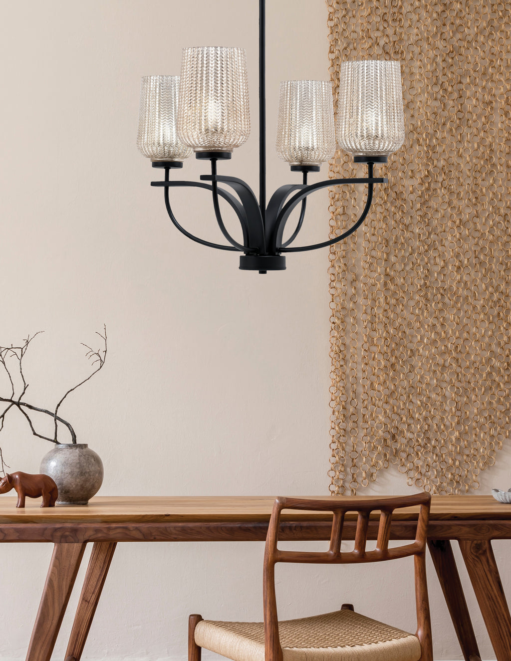Cavella Four Light Chandelier in Matte Black with 5" Silver Textured Shade