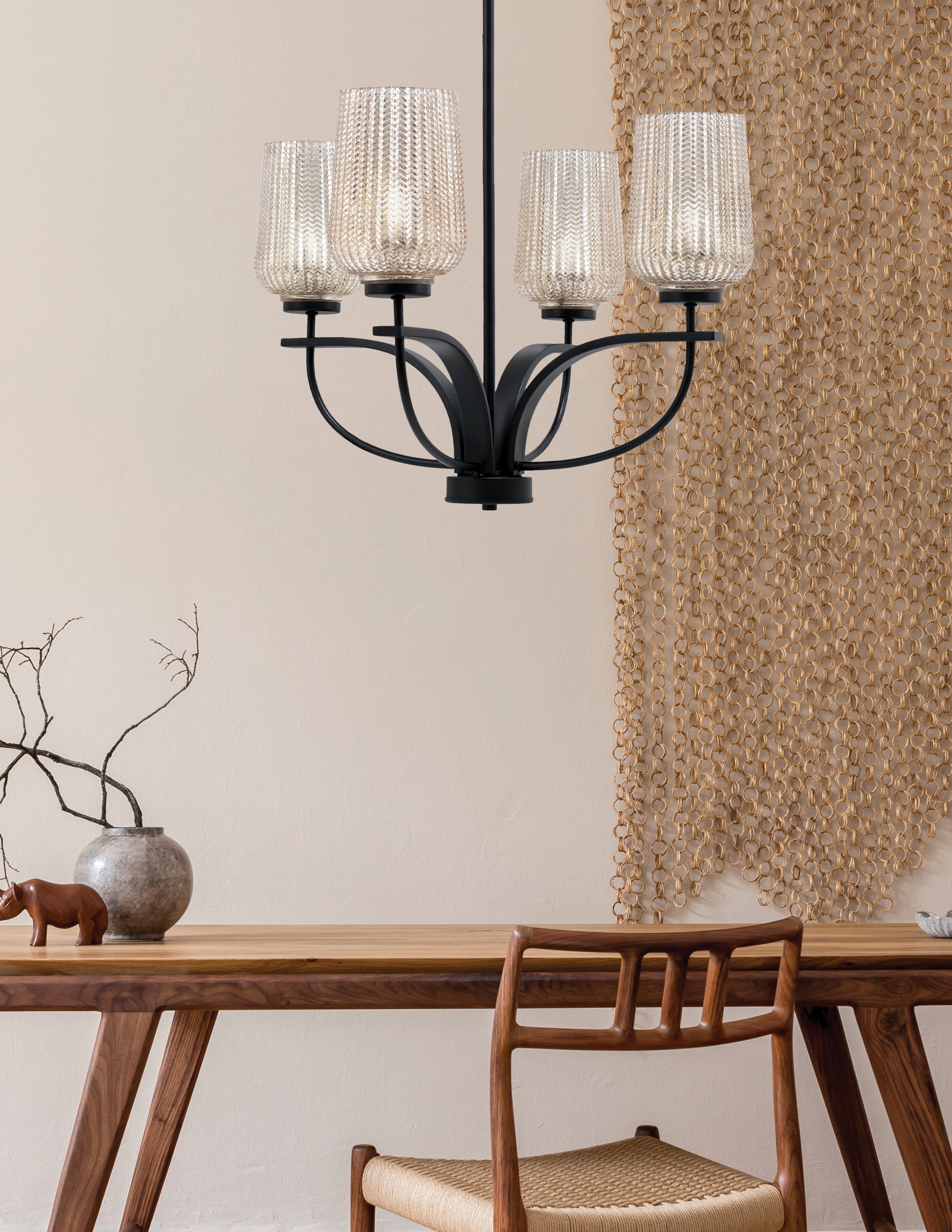Cavella Four Light Chandelier in Matte Black with 5" Silver Textured Shade