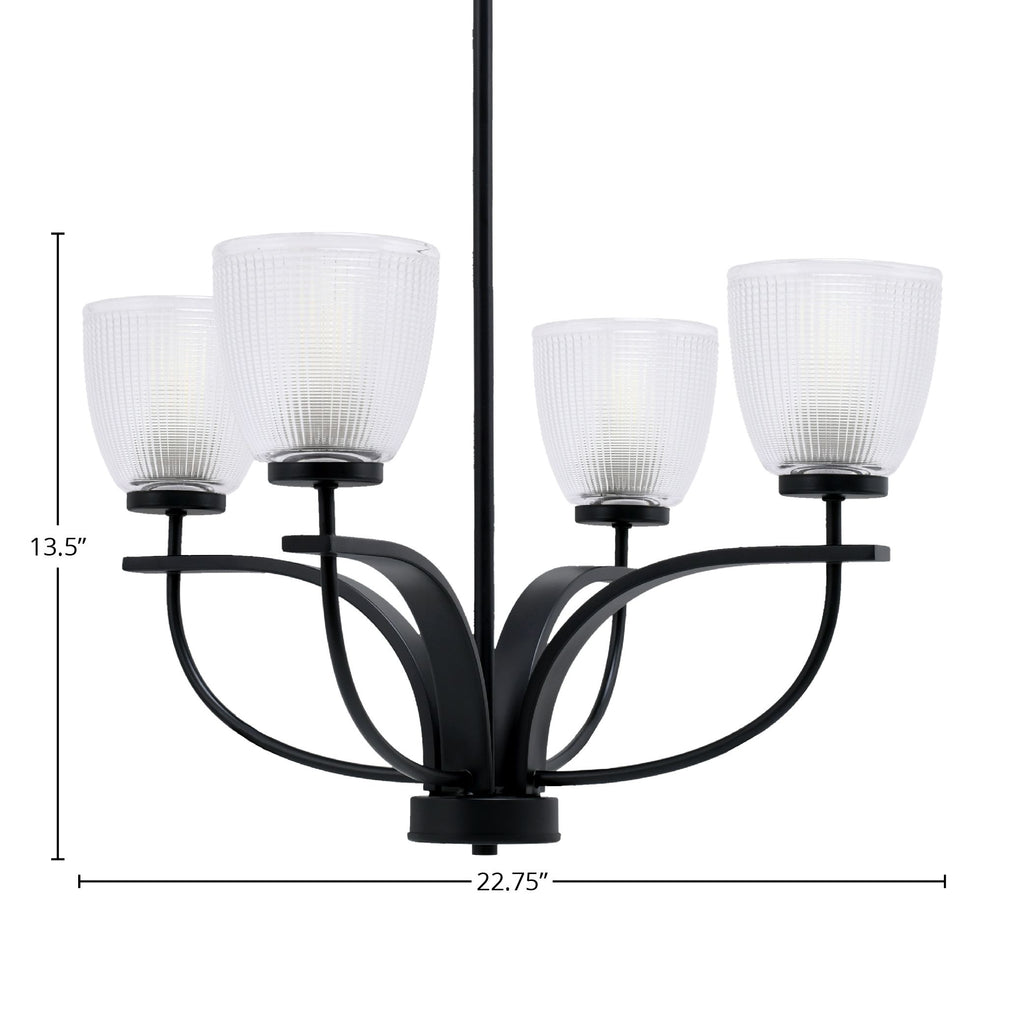 Cavella Four Light Chandelier in Matte Black with 5" Clear Ribbed Shade