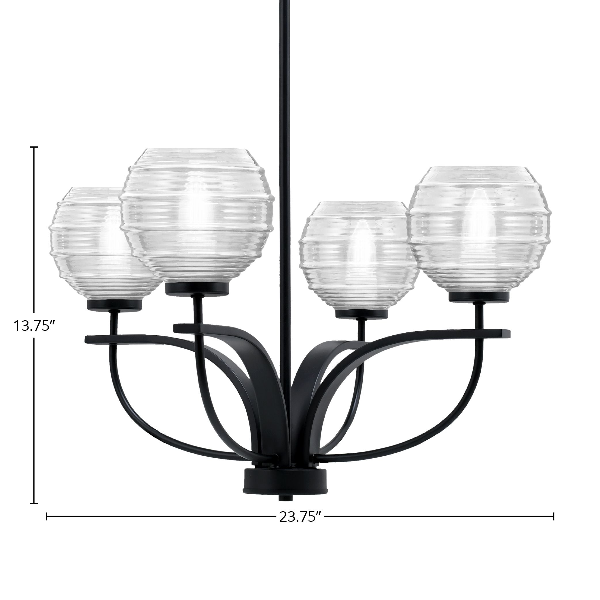 Cavella Four Light Chandelier in Matte Black with 6" Clear Ribbed Shade