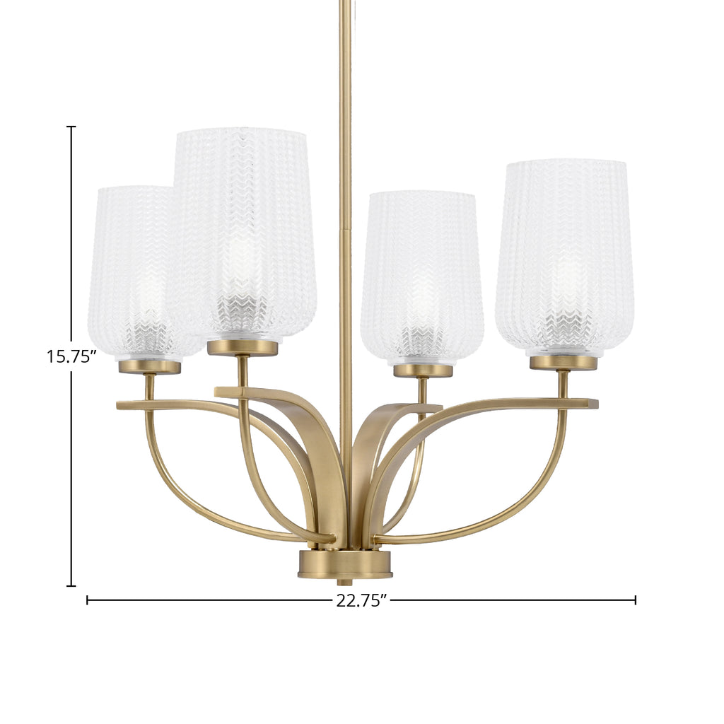 Cavella Four Light Chandelier in New Age Brass with 5" Clear Textured Shade