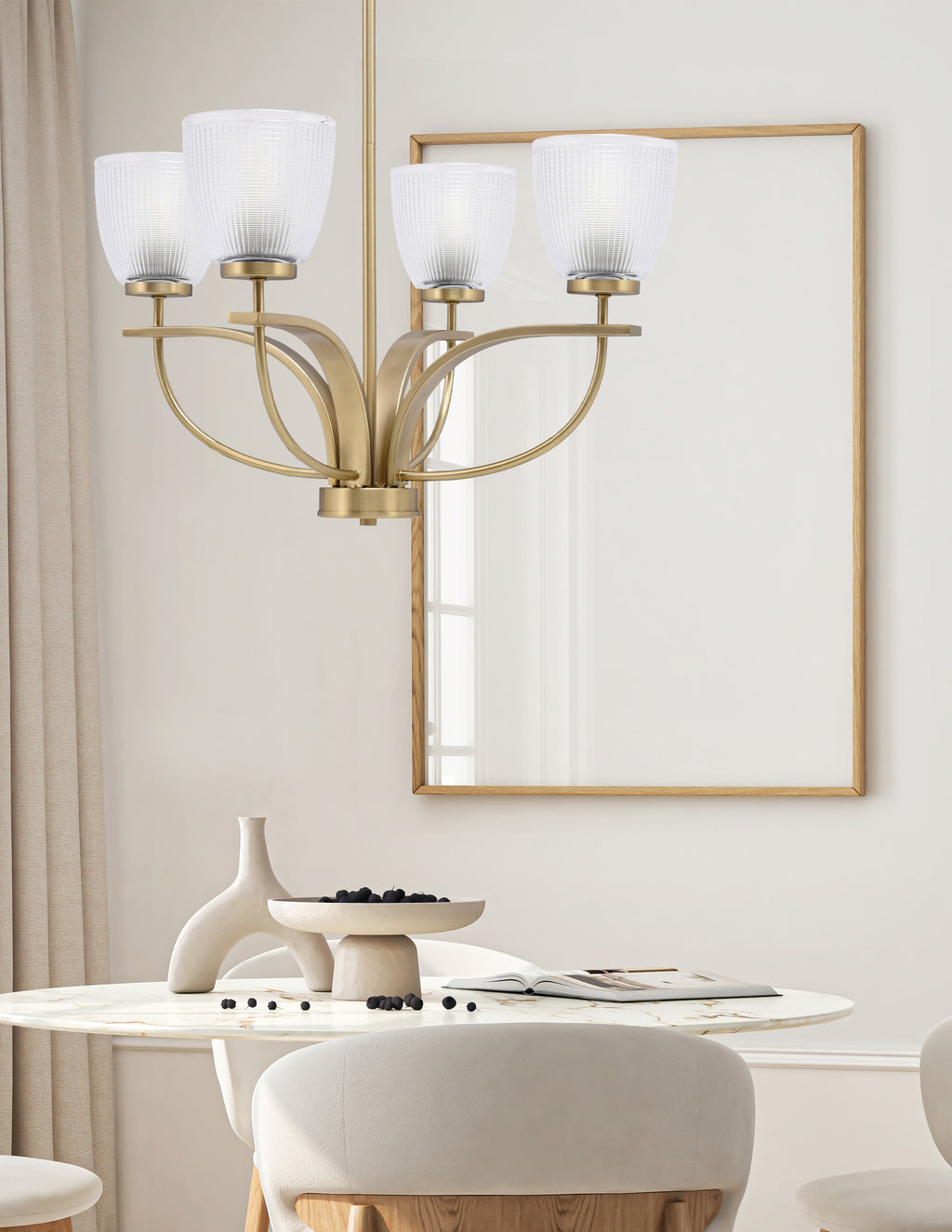 Cavella Four Light Chandelier in New Age Brass with 5" Clear Ribbed Shade
