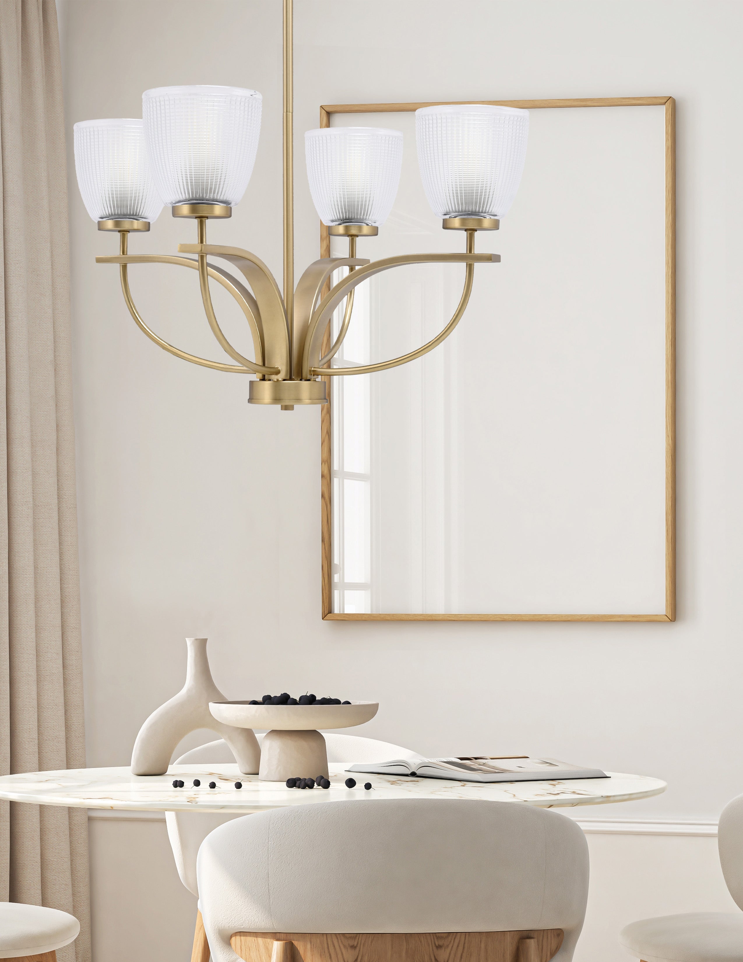 Cavella Four Light Chandelier in New Age Brass with 5" Clear Ribbed Shade