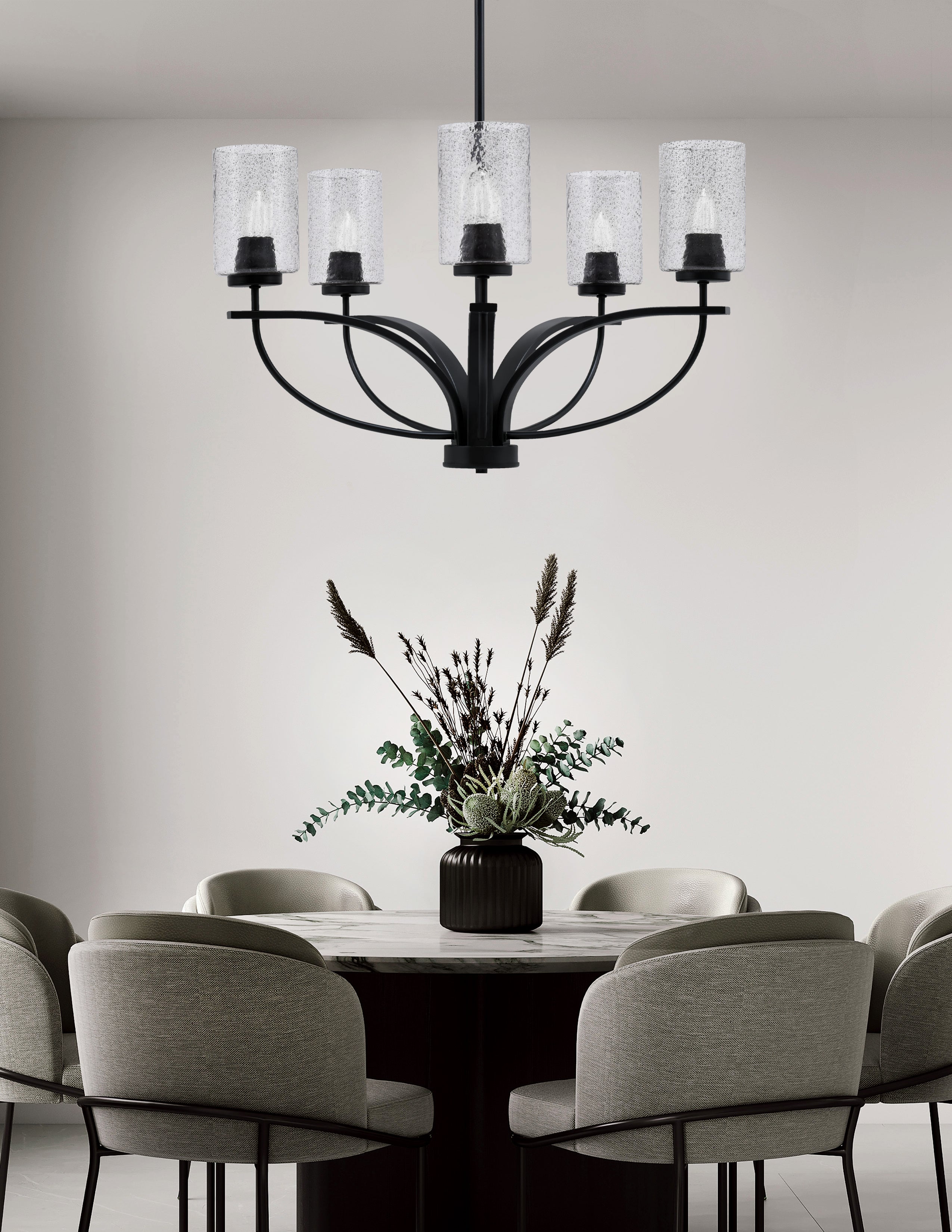 Cavella Five Light Chandelier in Matte Black with 4" Smoke Bubble Shade