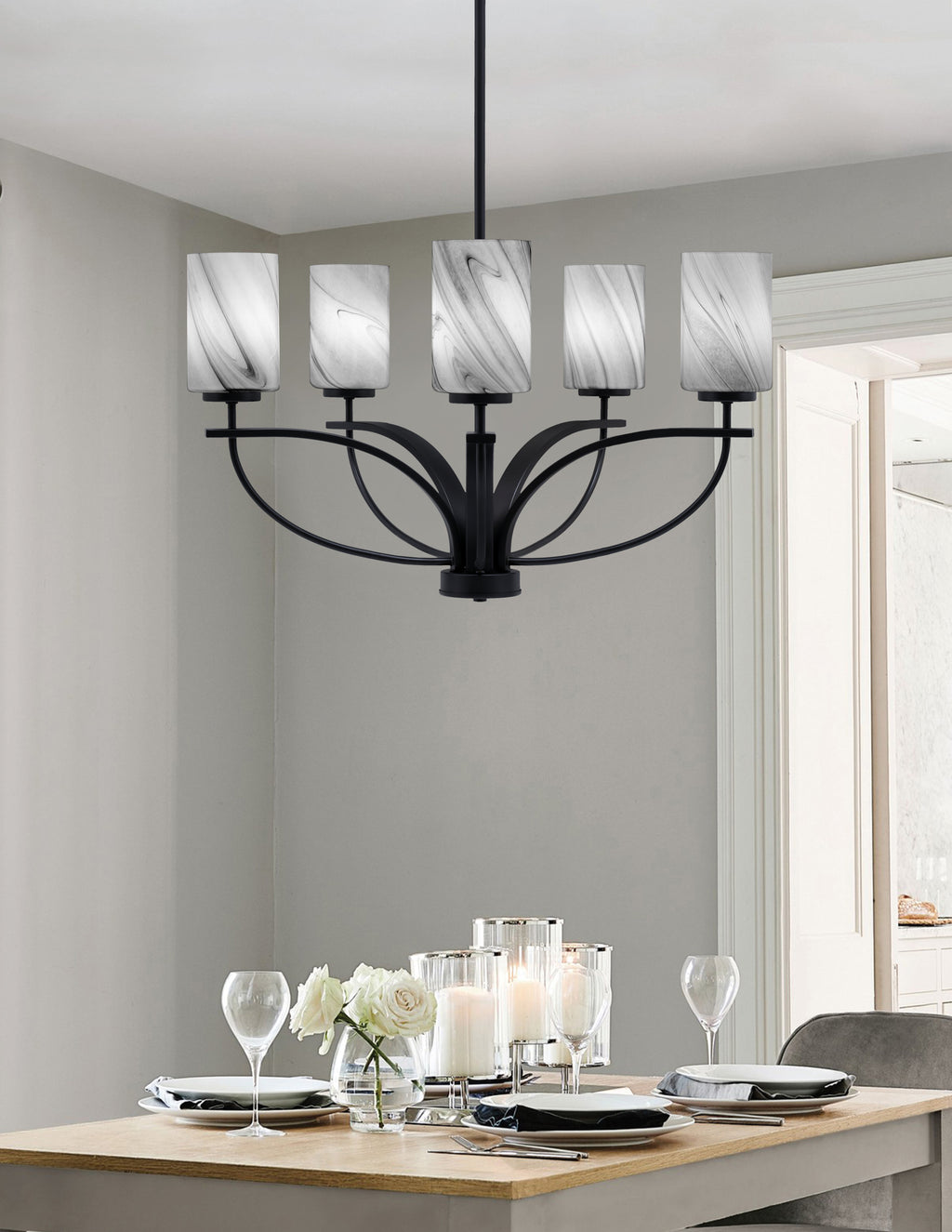 Cavella Five Light Chandelier in Matte Black with 4" Onyx Swirl Shade
