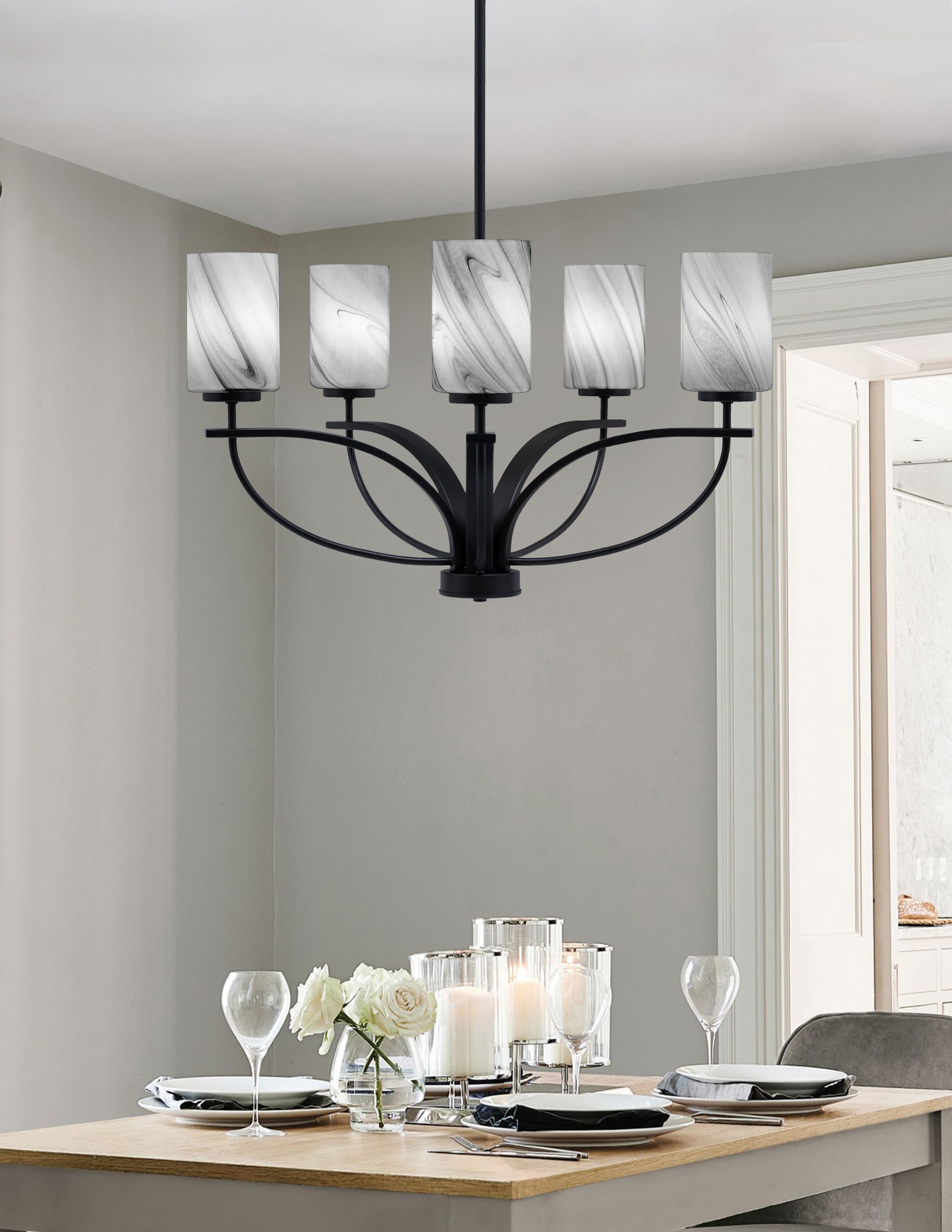 Cavella Five Light Chandelier in Matte Black with 4" Onyx Swirl Shade