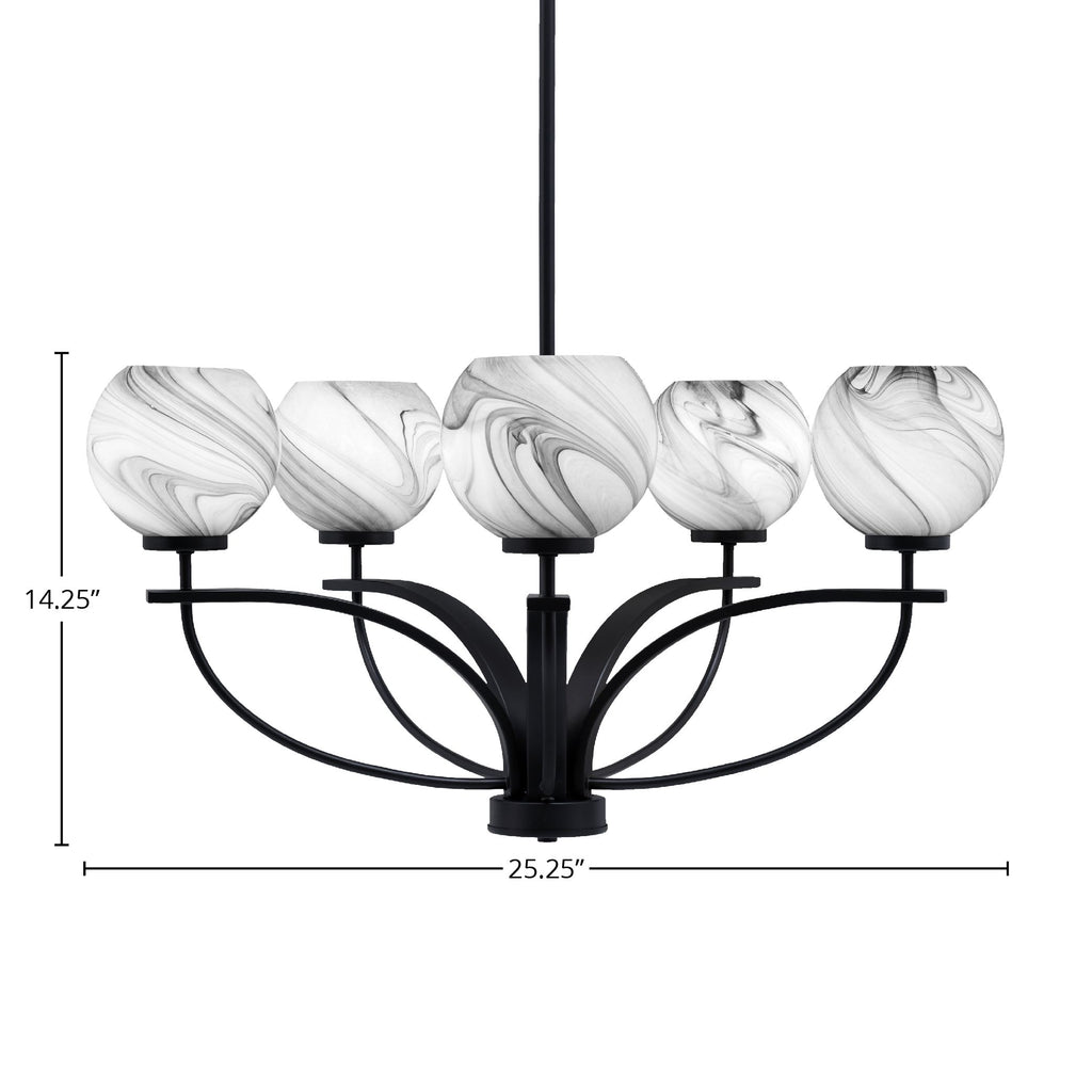 Cavella Five Light Chandelier in Matte Black with 5.75" Onyx Swirl Shade