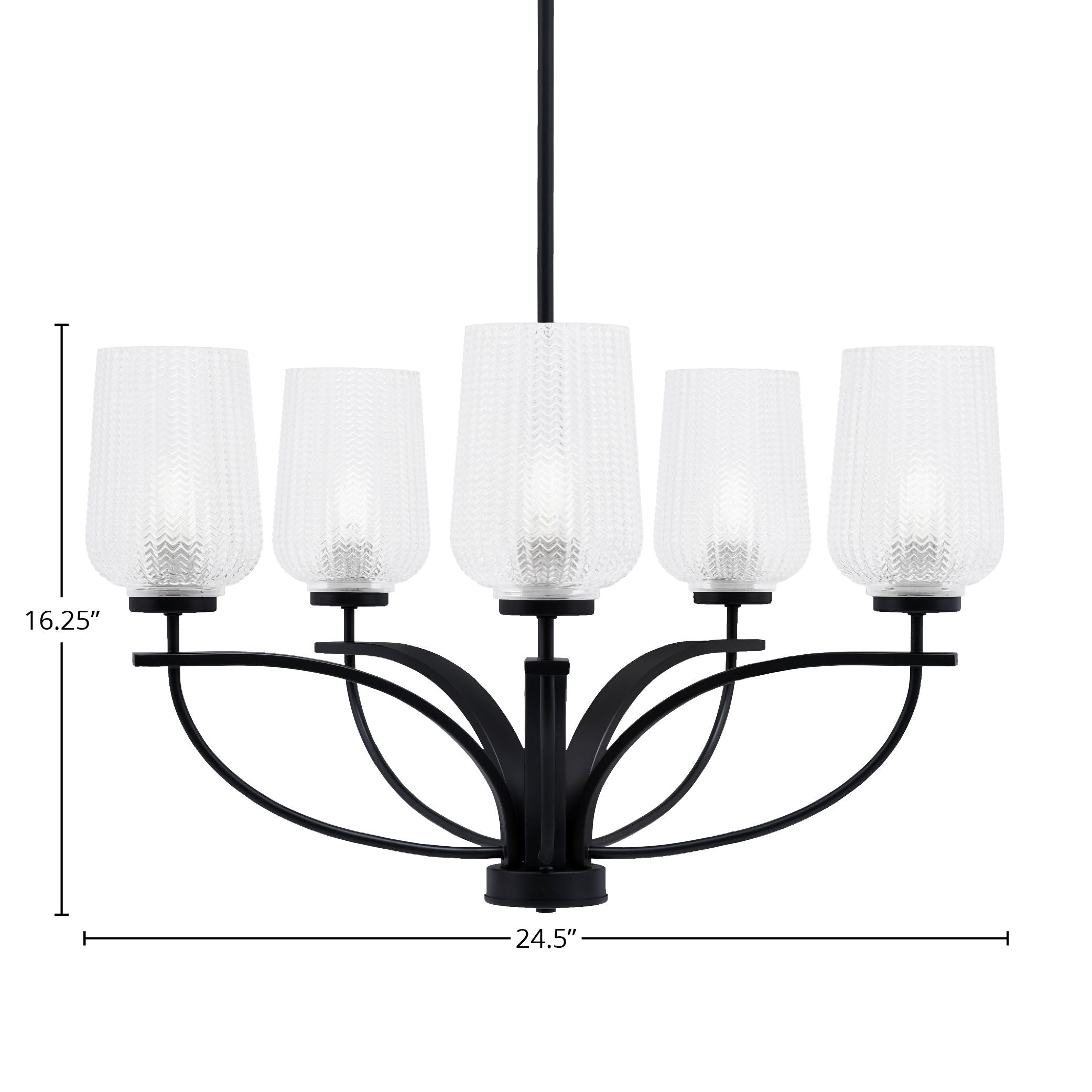 Cavella Five Light Chandelier in Matte Black with 5" Clear Textured Shade