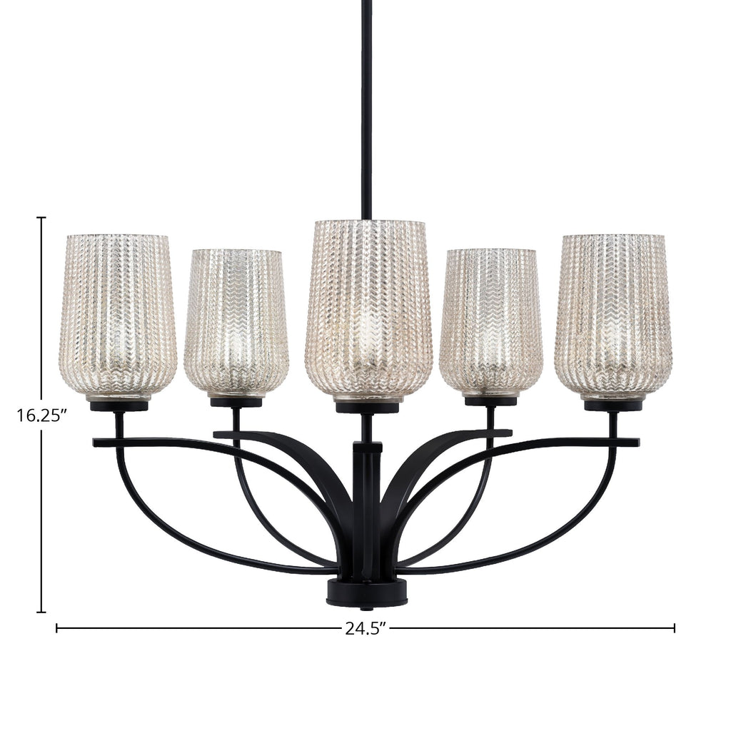Cavella Five Light Chandelier in Matte Black with 5" Silver Textured Shade