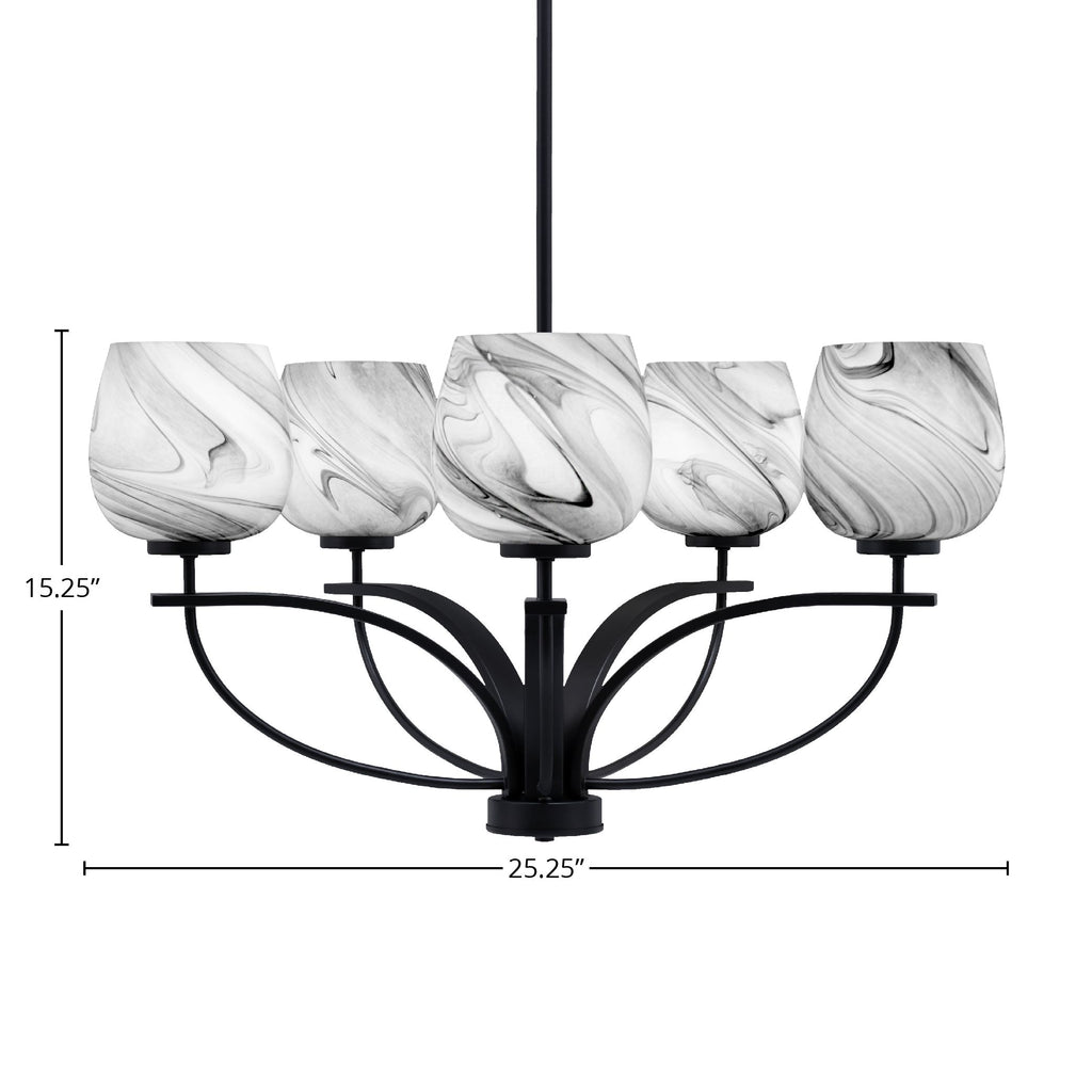 Cavella Five Light Chandelier in Matte Black with 6" Onyx Swirl Shade