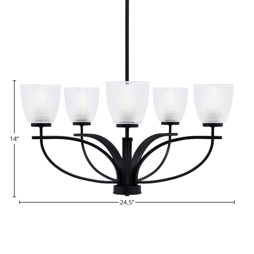 Cavella Five Light Chandelier in Matte Black with 5" Clear Ribbed Shade