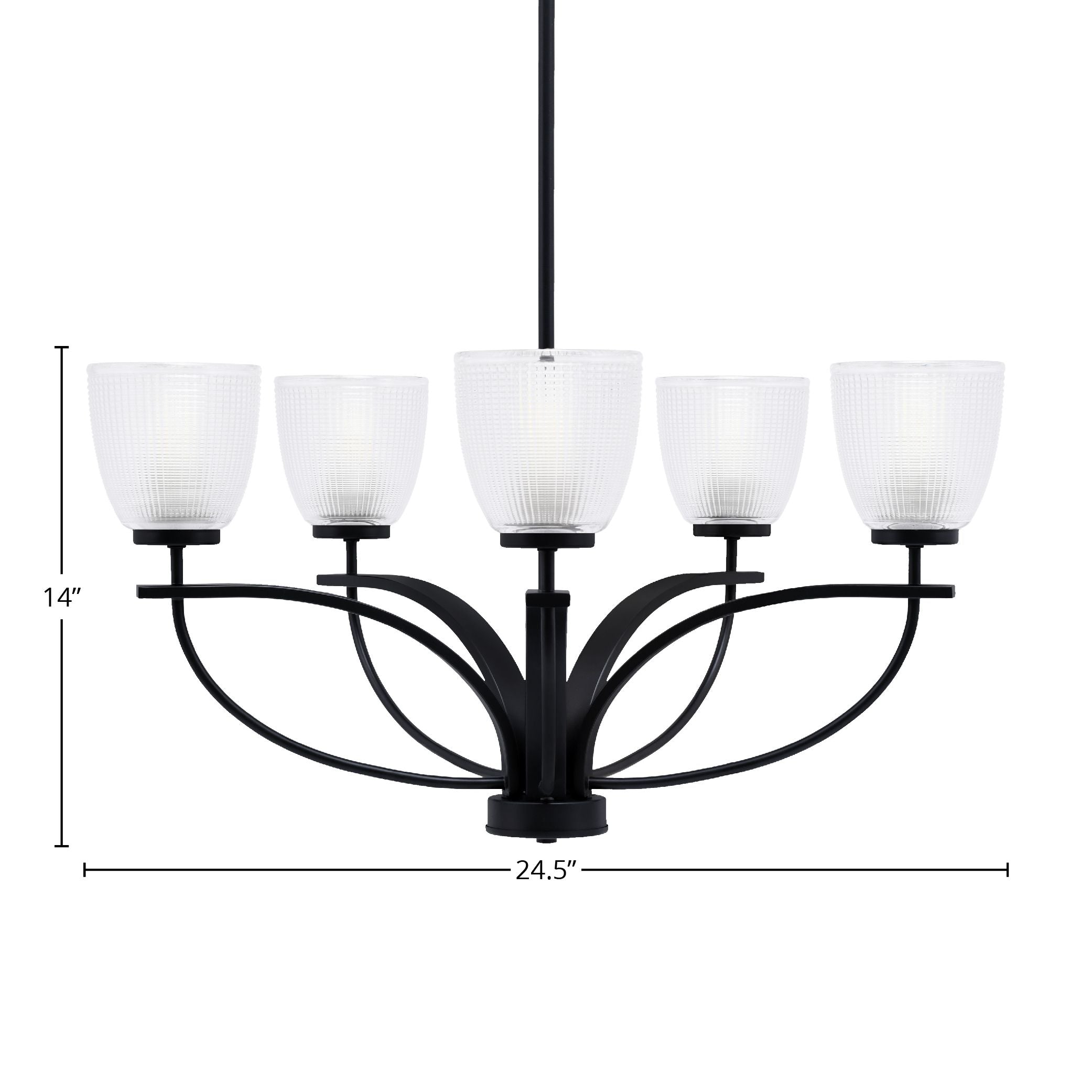 Cavella Five Light Chandelier in Matte Black with 5" Clear Ribbed Shade